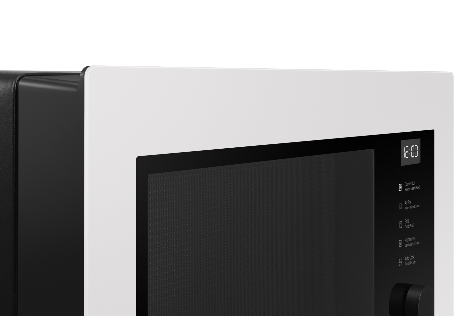Szczegół kuchenki mikrofalowej z czarno-białymi wykończeniami. Wyświetla '12:00' i panel sterowania.