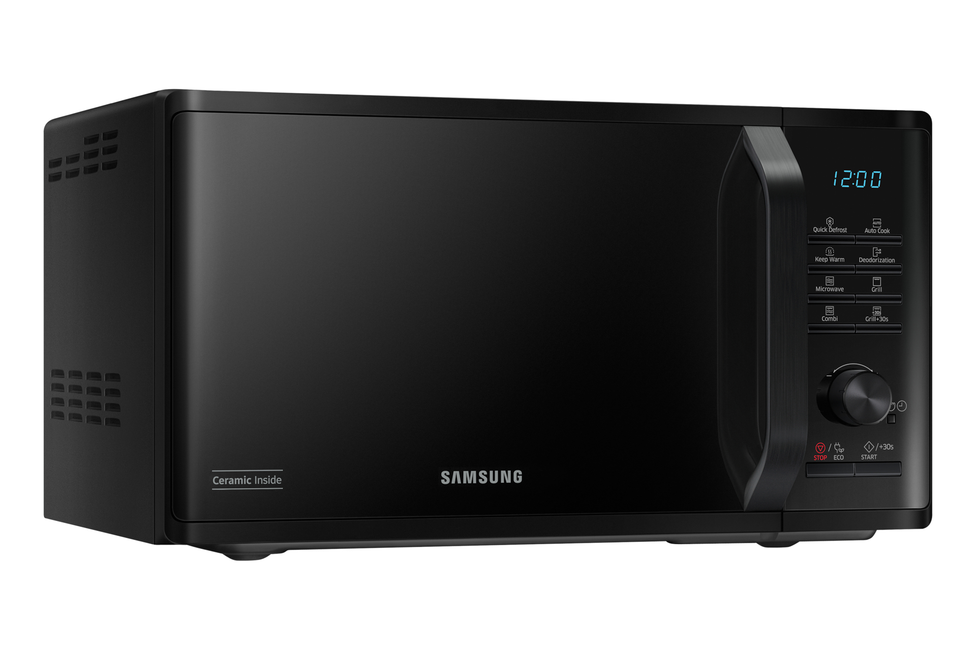 Czarna kuchenka mikrofalowa Samsung z wyświetlaczem cyfrowym. Ma czarne drzwi i panel sterowania po prawej.