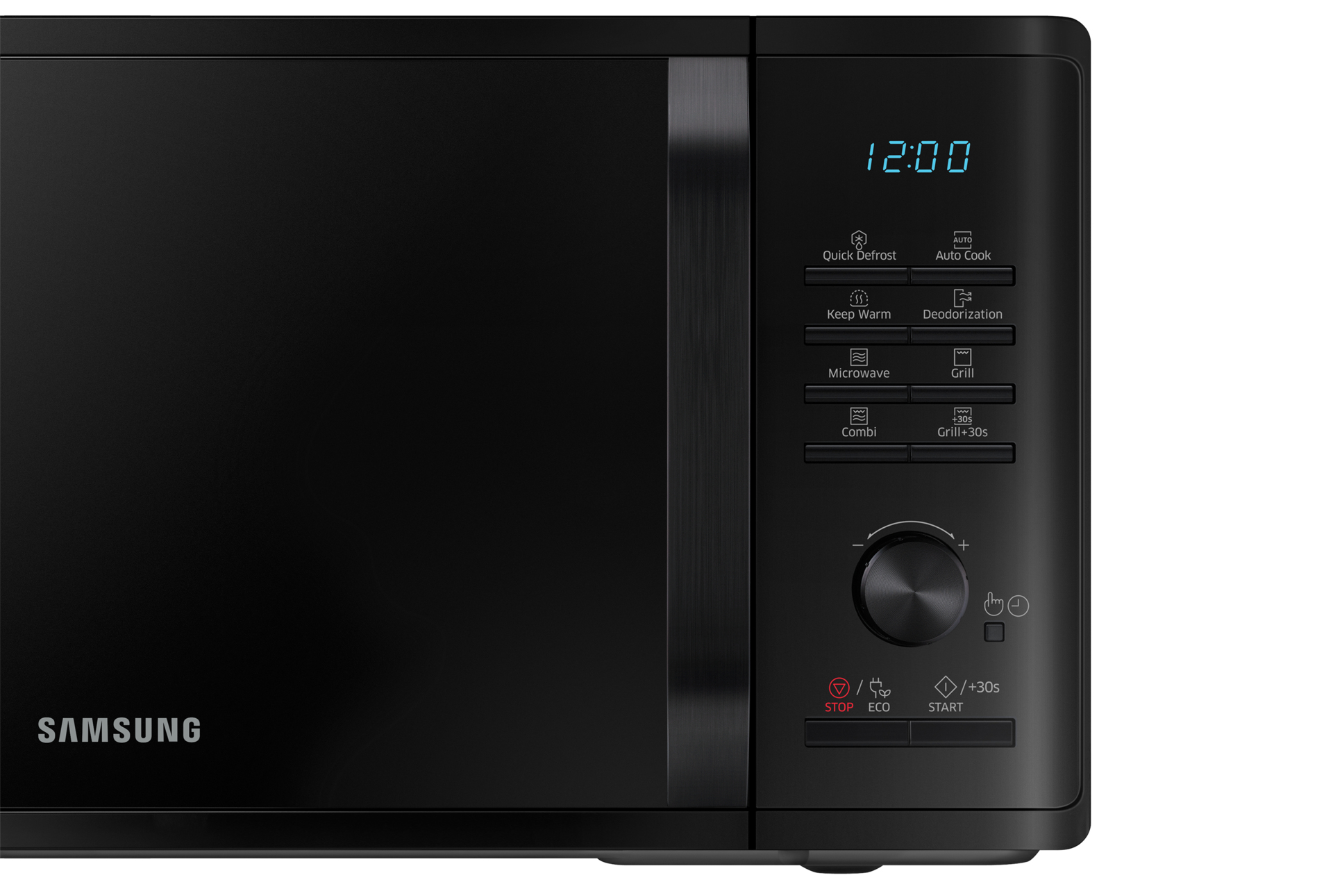 Czarna kuchenka mikrofalowa Samsung z wyświetlaczem cyfrowym i przyciskami sterowania.