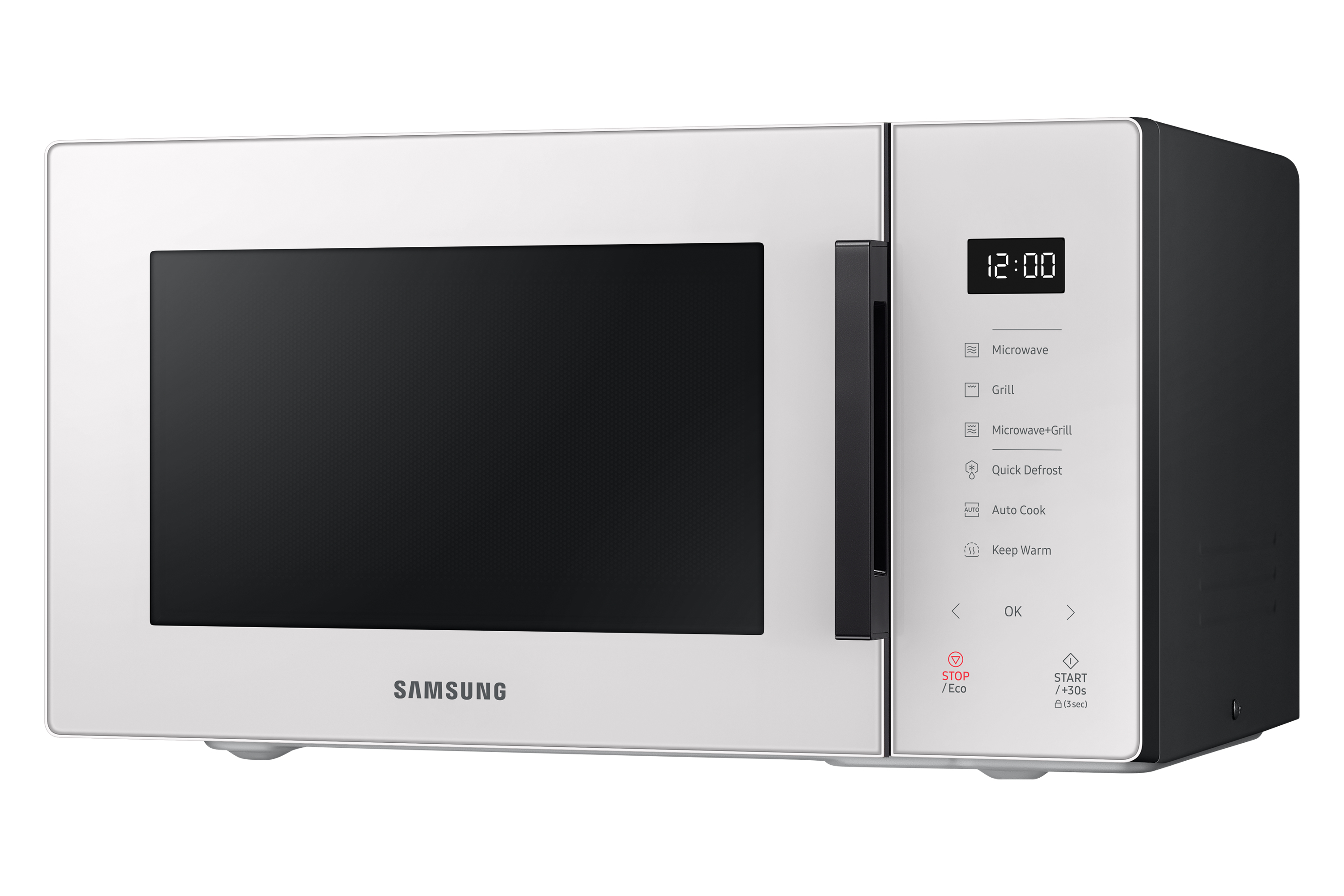 Microonde bianco con porta nera. Ha un display digitale e pulsanti per funzioni come microonde e grill.