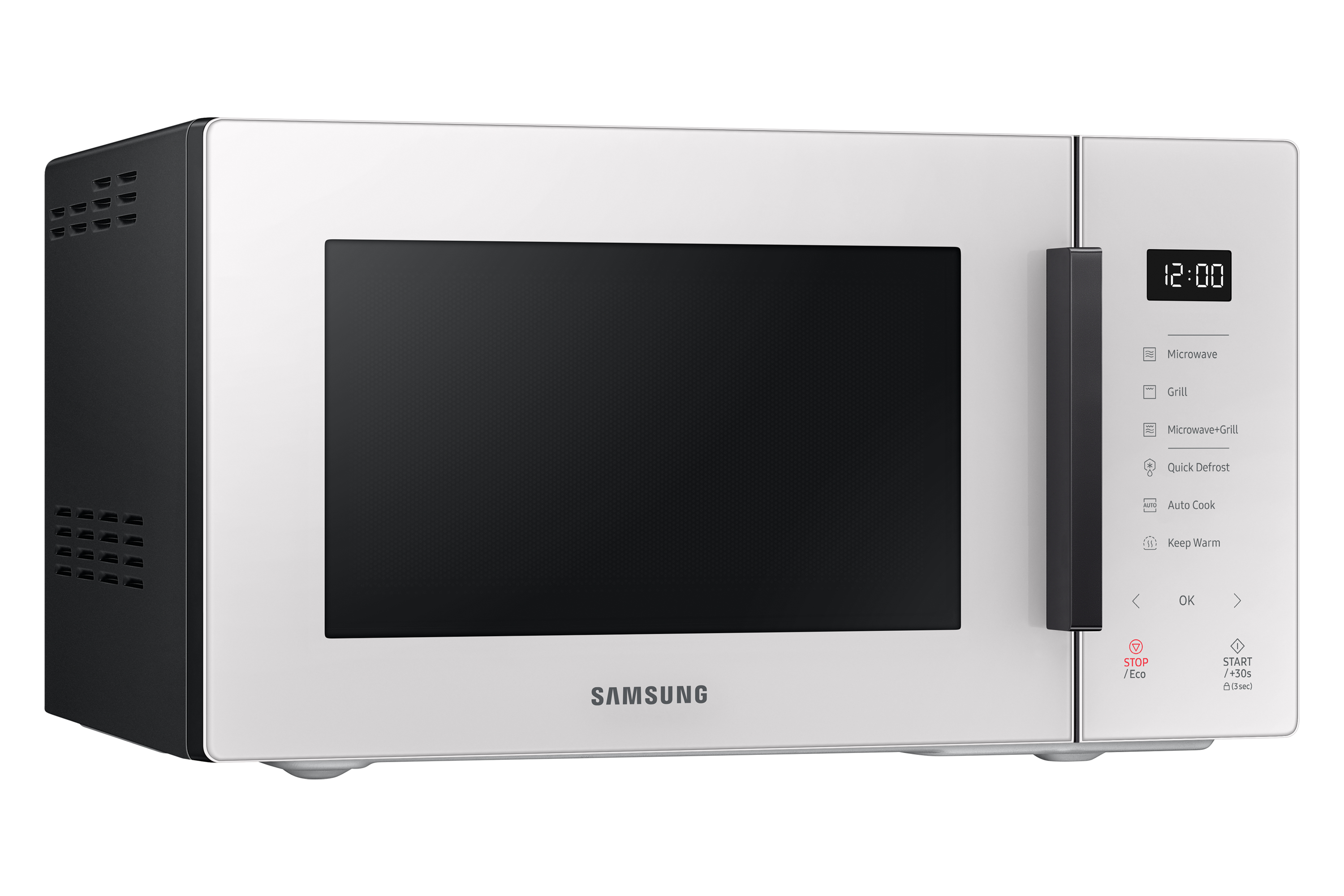Un forno a microonde Samsung bianco con display digitale che mostra l'ora.