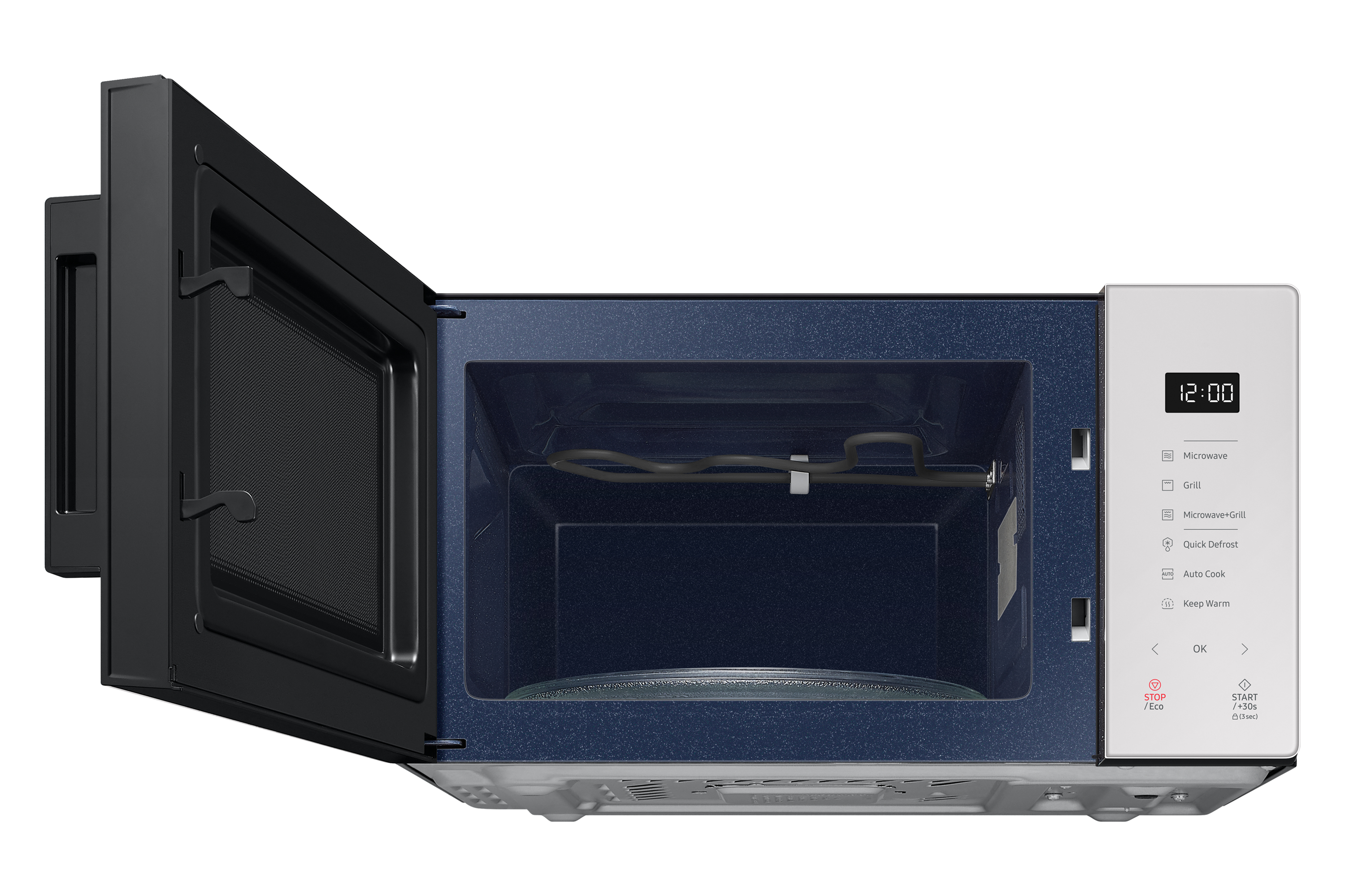 Forno a microonde nero aperto, vista interna con piatto di vetro e interno blu.