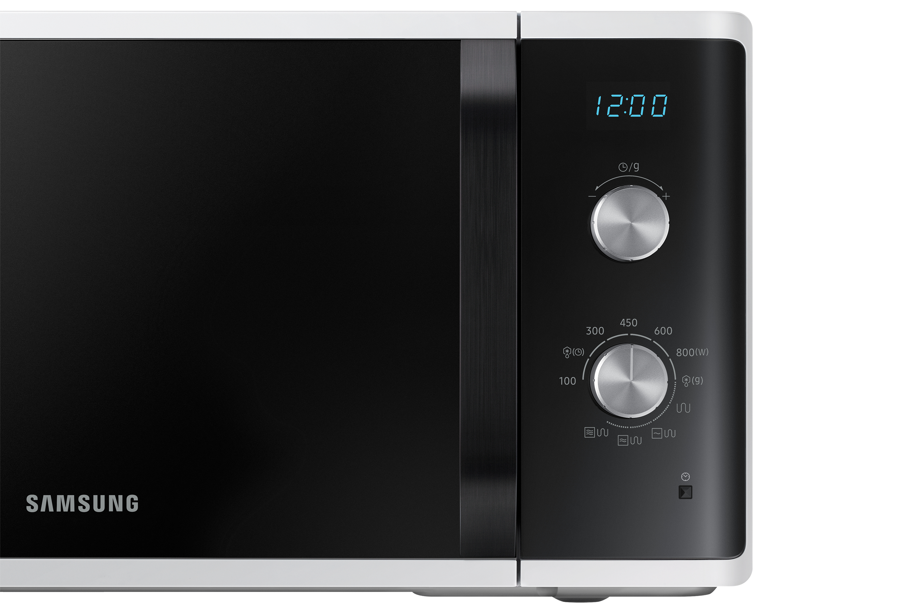 Kuchenka mikrofalowa Samsung. Ma czarne drzwi i srebrne elementy sterujące. Czas to 12:00.