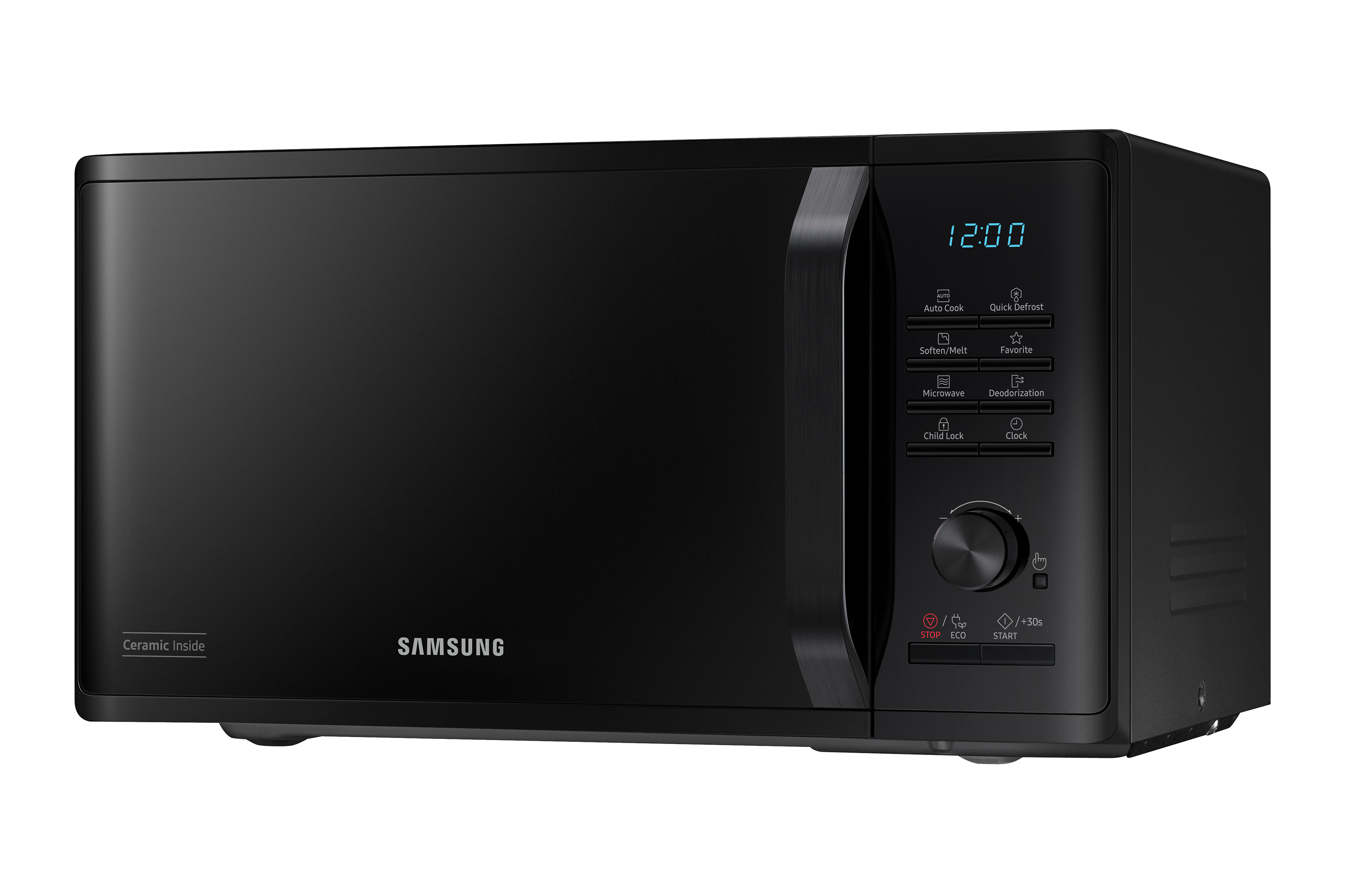 Un forno a microonde Samsung nero con display digitale e pannello di controllo.
