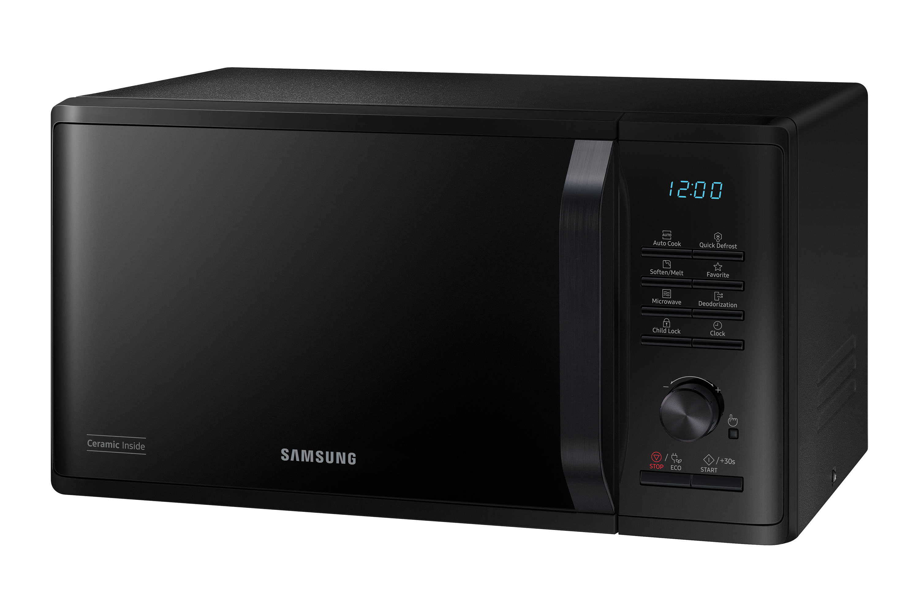 Forno a microonde Samsung nero. Dispone di un display digitale e di un pannello di controllo con pulsanti.