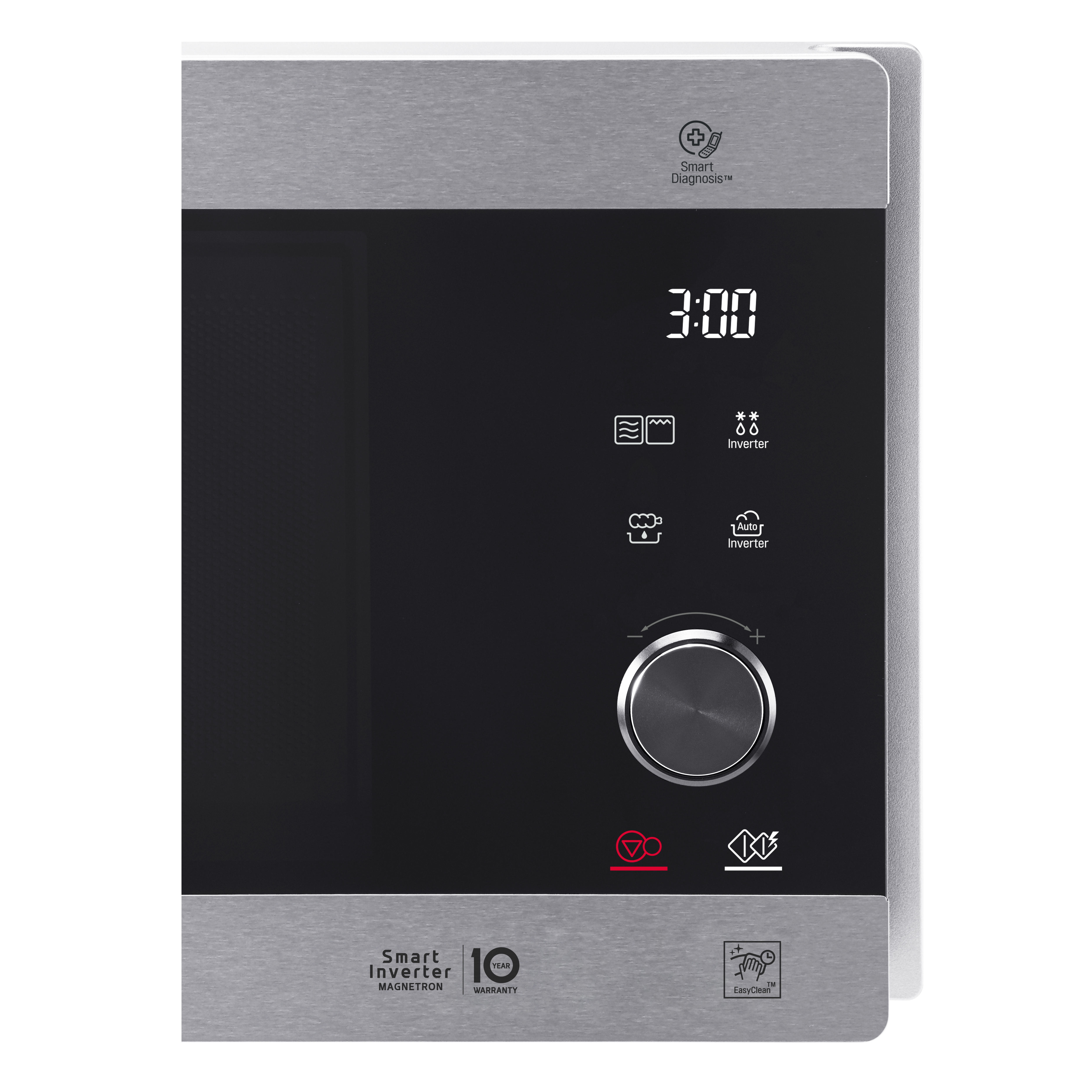 Un horno microondas, plateado y negro. Tiene pantalla digital, botones de control y puerta negra.