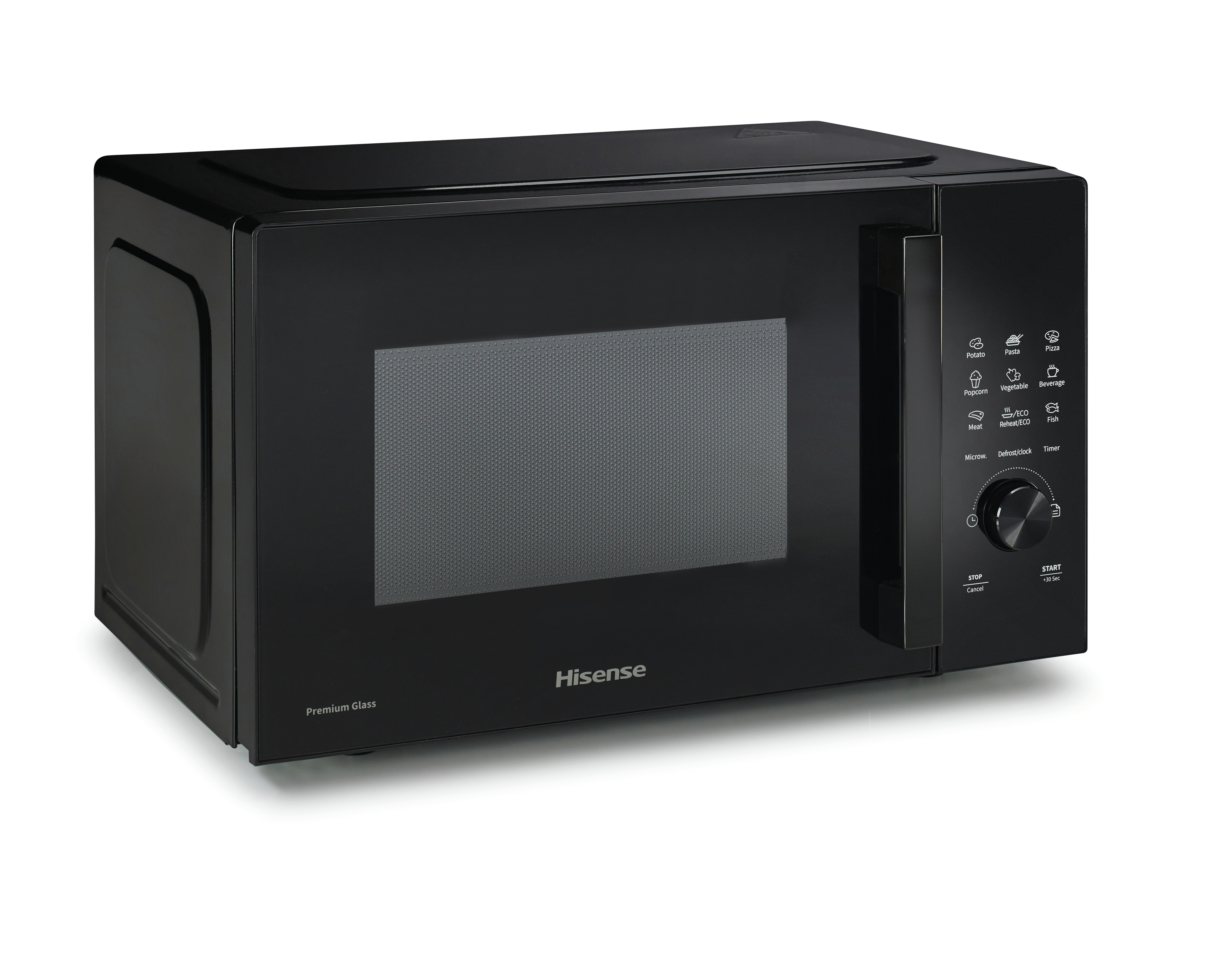 Zwarte magnetron met bediening aan de rechterkant, Hisense logo.