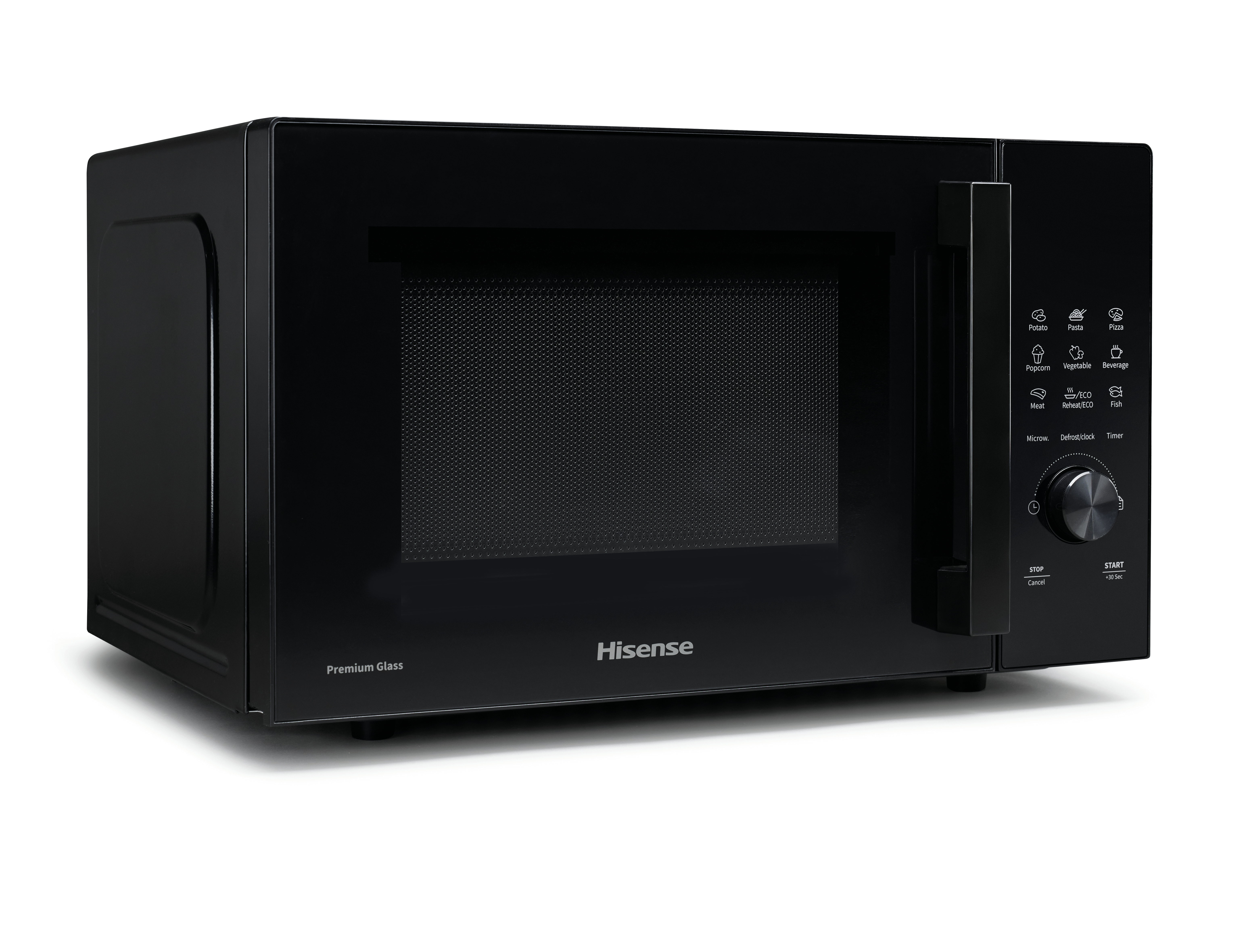 Zwarte Hisense magnetron met glazen deur en bedieningspaneel. Toont verschillende kookopties.