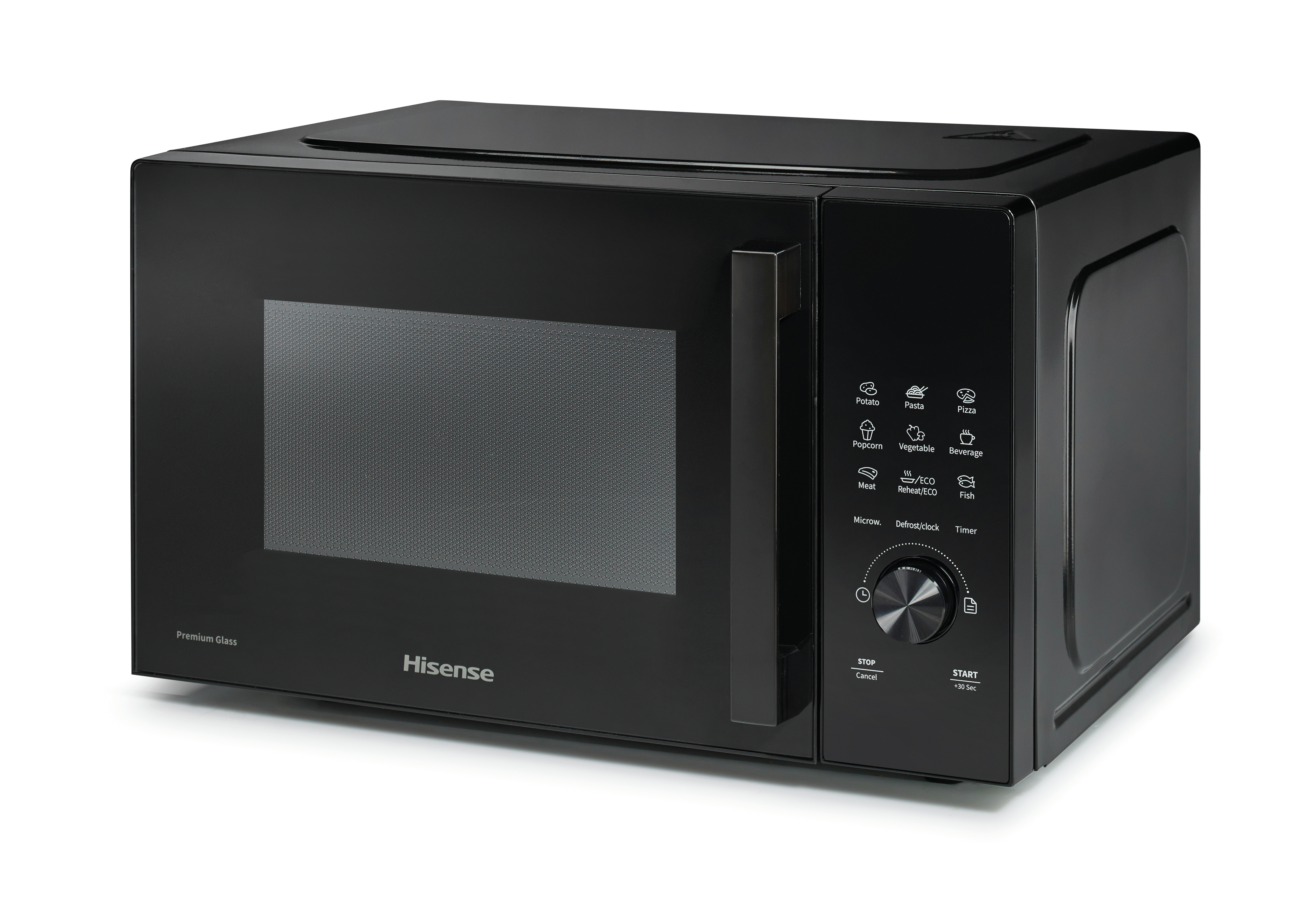 Zwarte magnetron. Voorzien van een deur en bedieningspaneel. Merknaam Hisense.