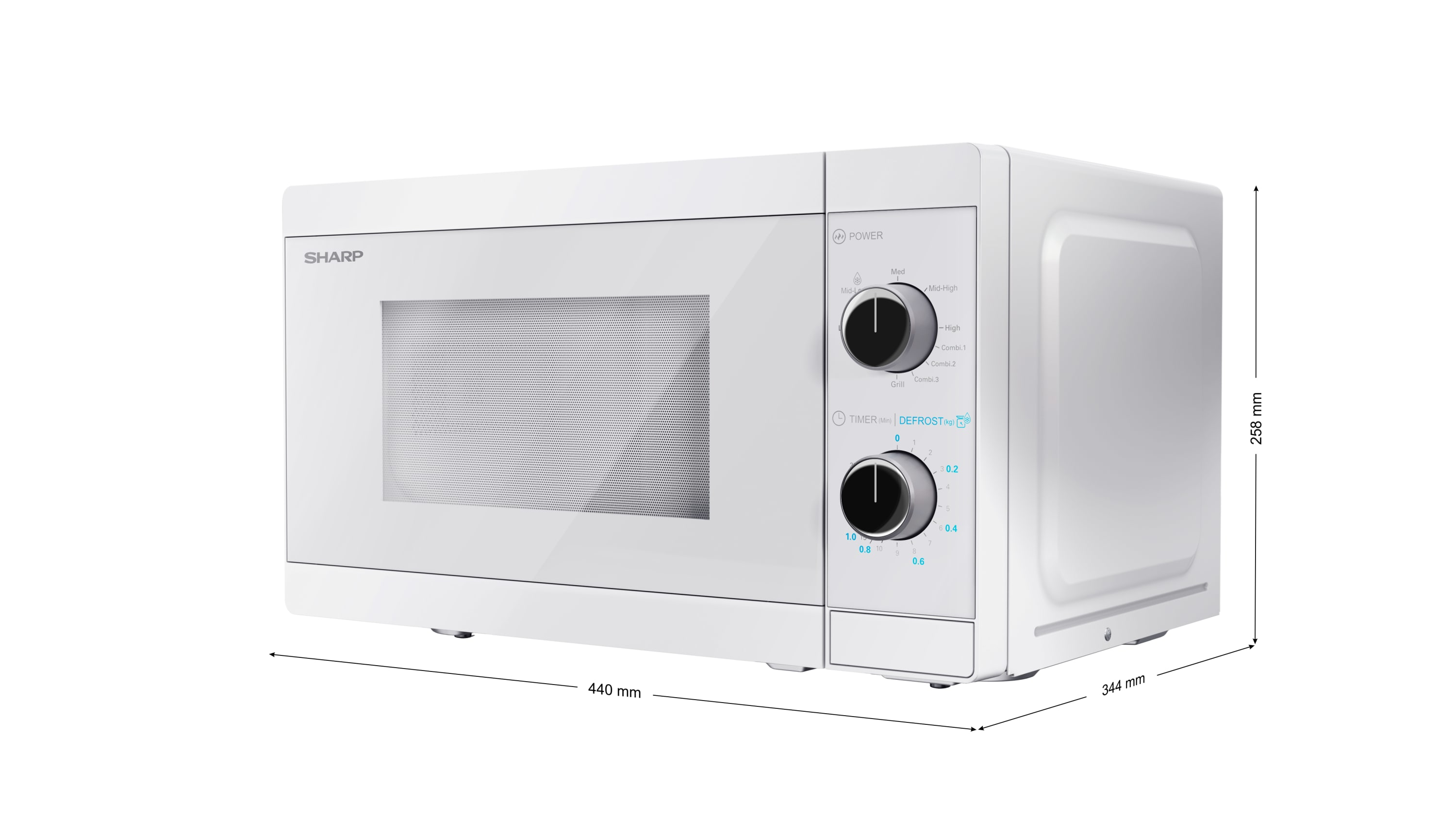 Horno microondas blanco con dimensiones mostradas. Tiene dos diales y una puerta de vidrio. Está aislado.