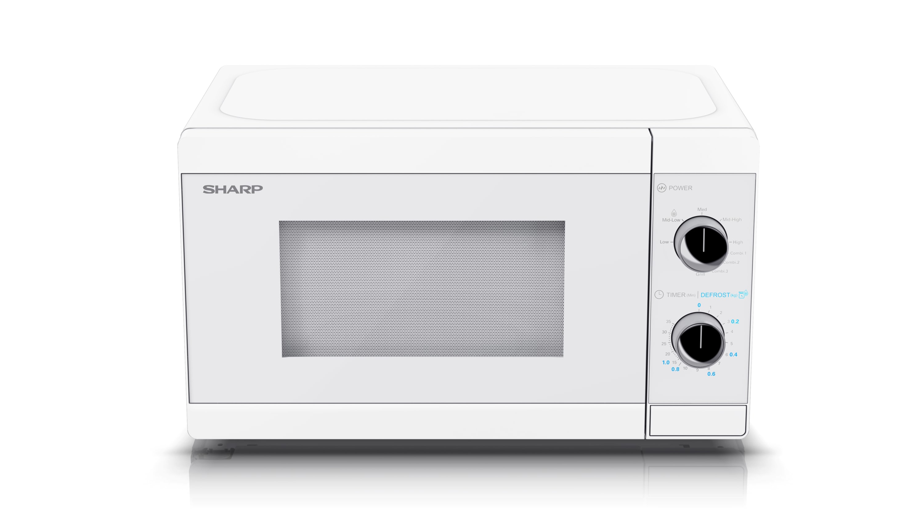 Un horno microondas blanco con perillas de control y una ventana, aislado sobre fondo blanco.