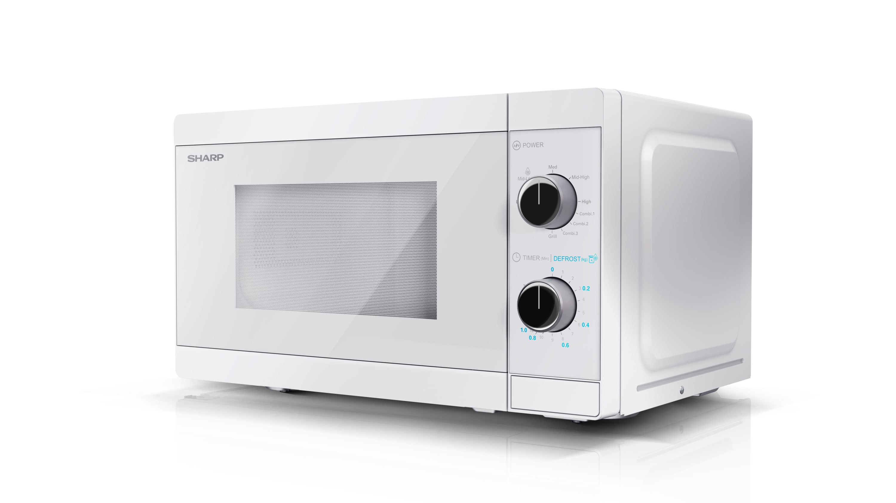 Un horno microondas Sharp blanco con perillas de control.