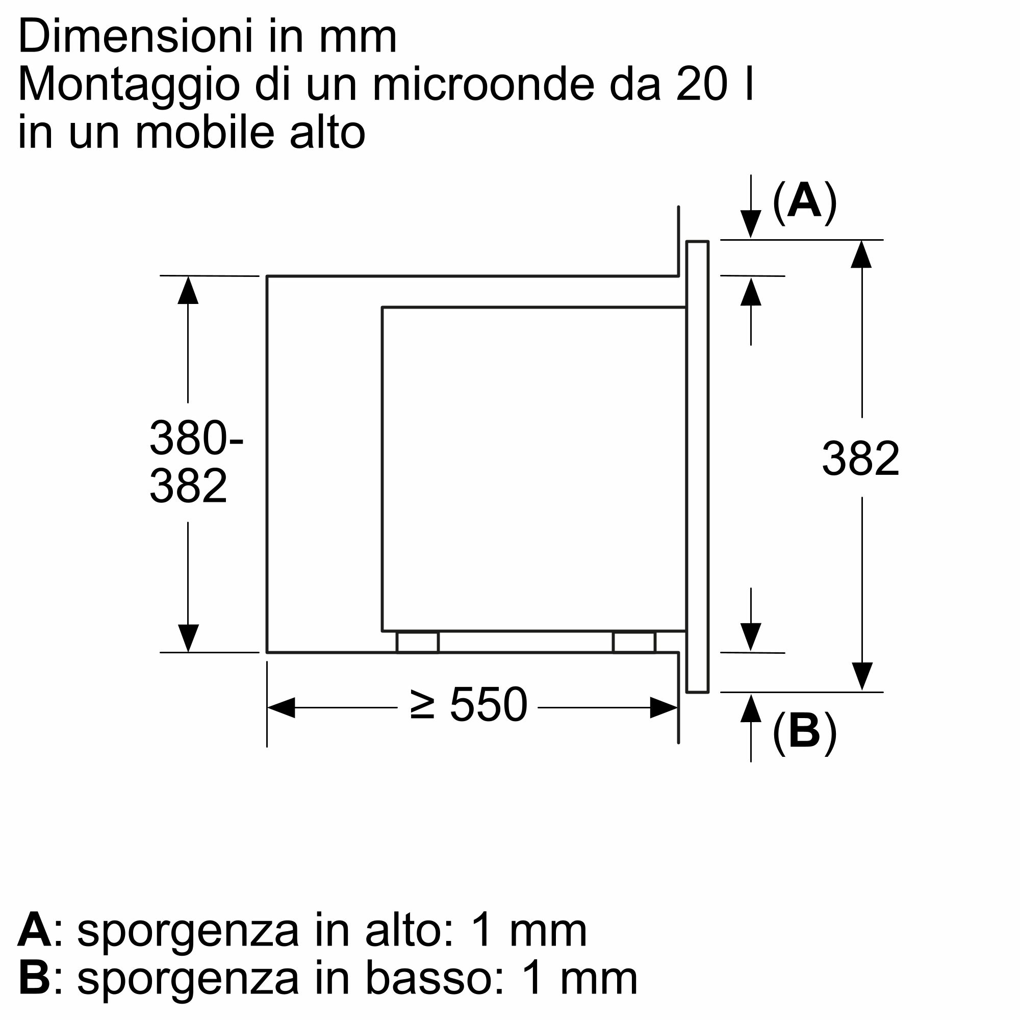 Rysunek techniczny kuchenki mikrofalowej, pokazujący wymiary w mm.