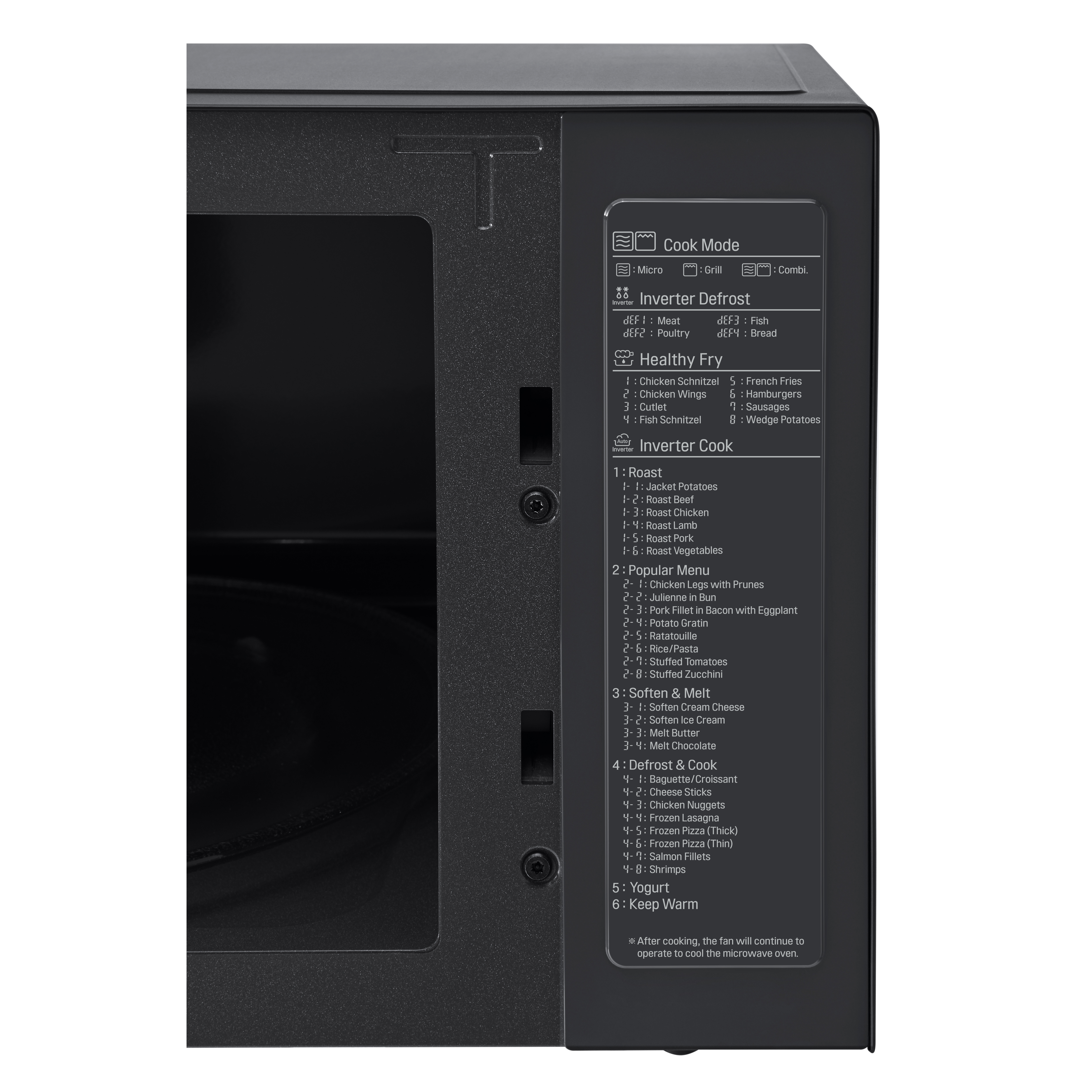 Wnętrze kuchenki mikrofalowej z panelem sterowania wyświetlającym tryby gotowania, takie jak rozmrażanie, zdrowe smażenie i opcje gotowania inwerterowego.