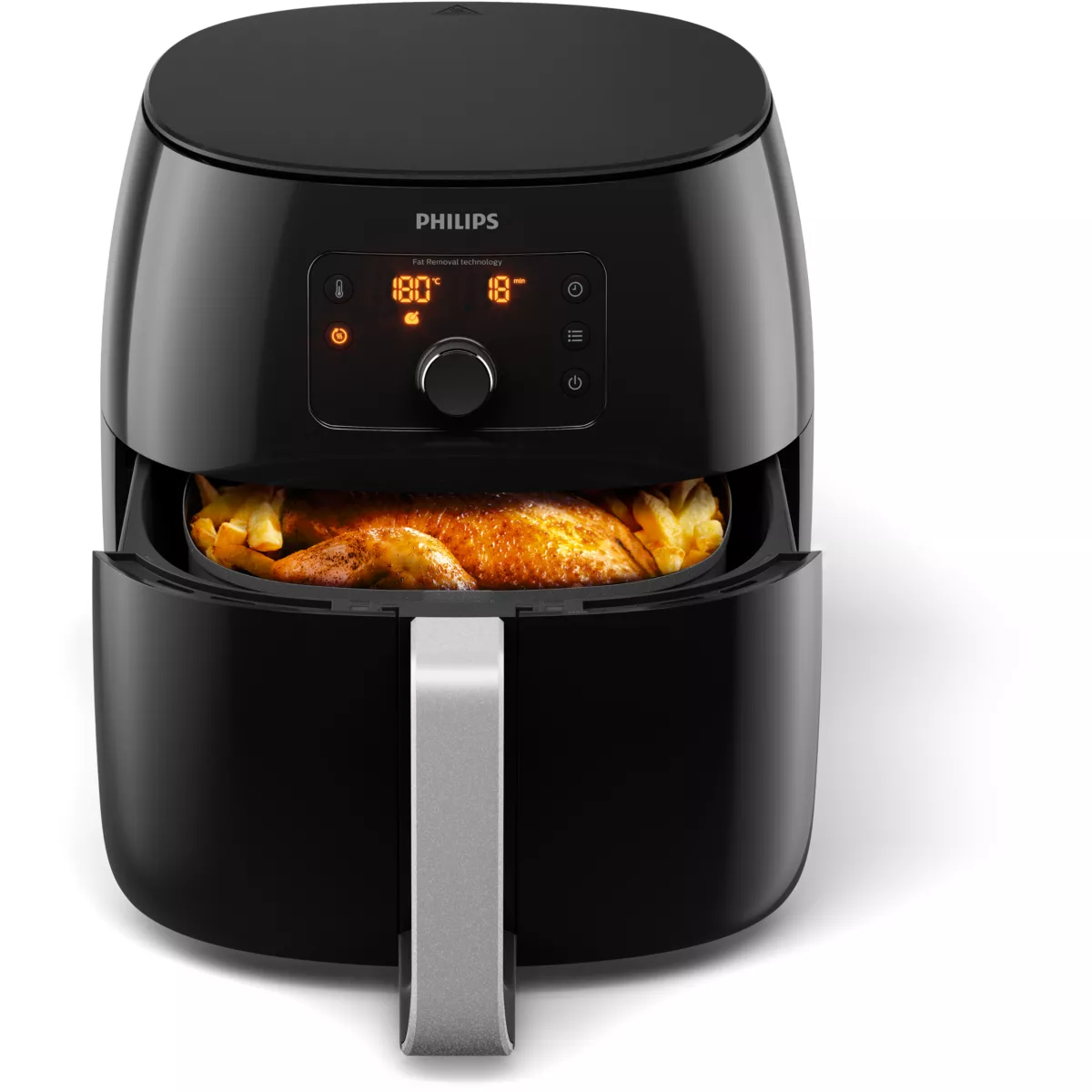 Freidora de aire Philips negra con comida dentro. Pantalla digital muestra la temperatura. Asa plateada.