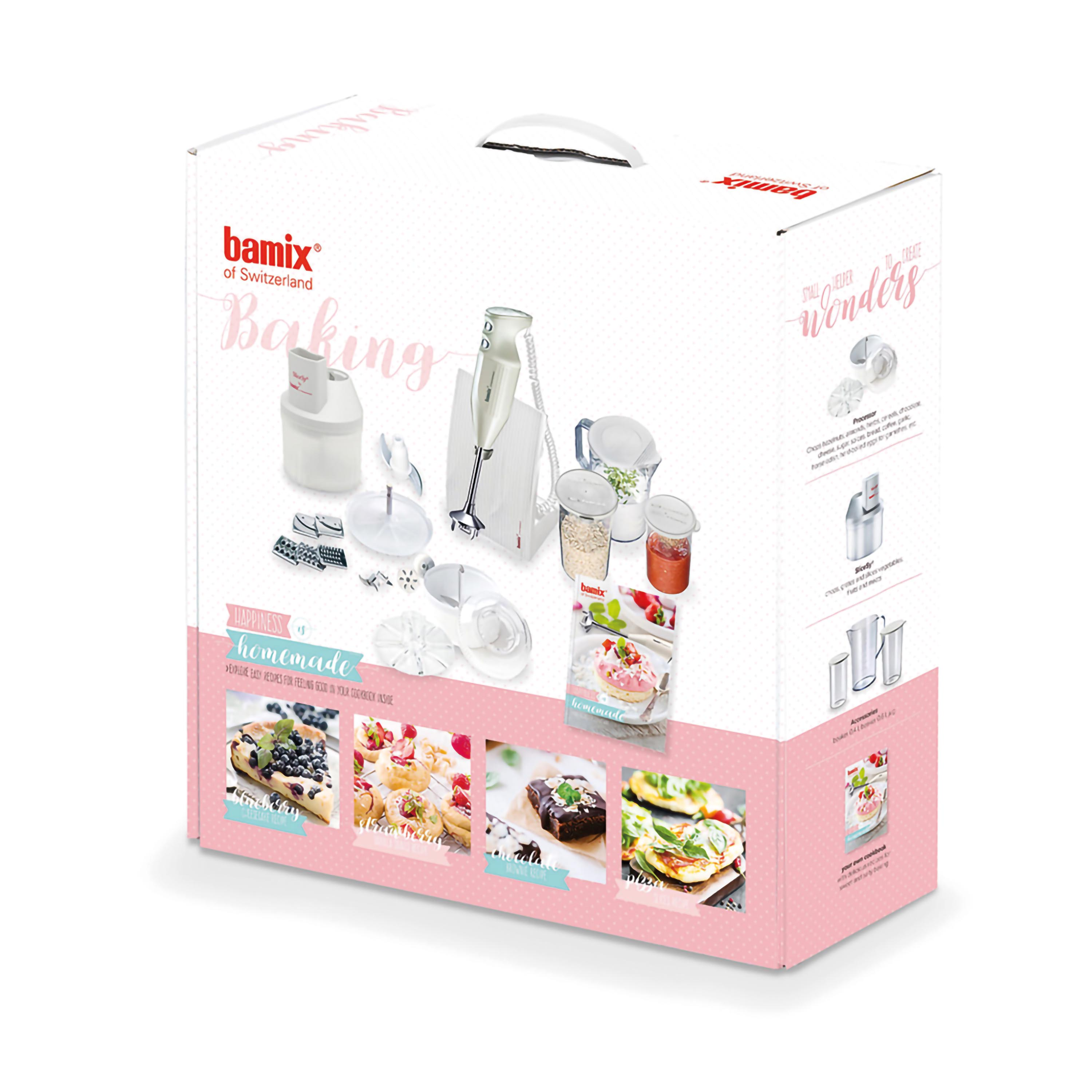 Scatola per il set da cucina Bamix of Switzerland, che mostra contenuti e immagini di prodotti.