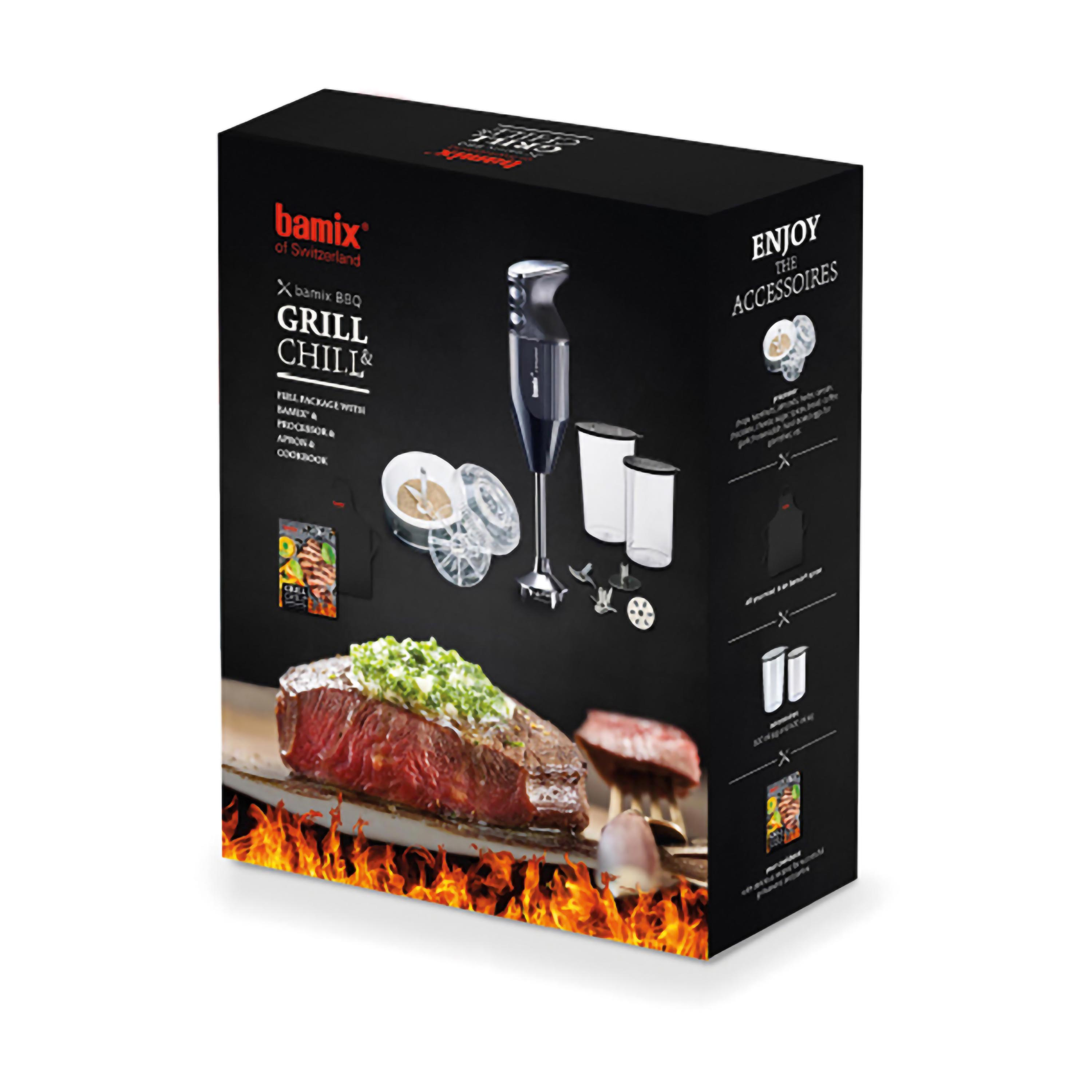 Un set in scatola Bamix BBQ Grill & Chill che mostra il prodotto, gli accessori e una bistecca cotta.