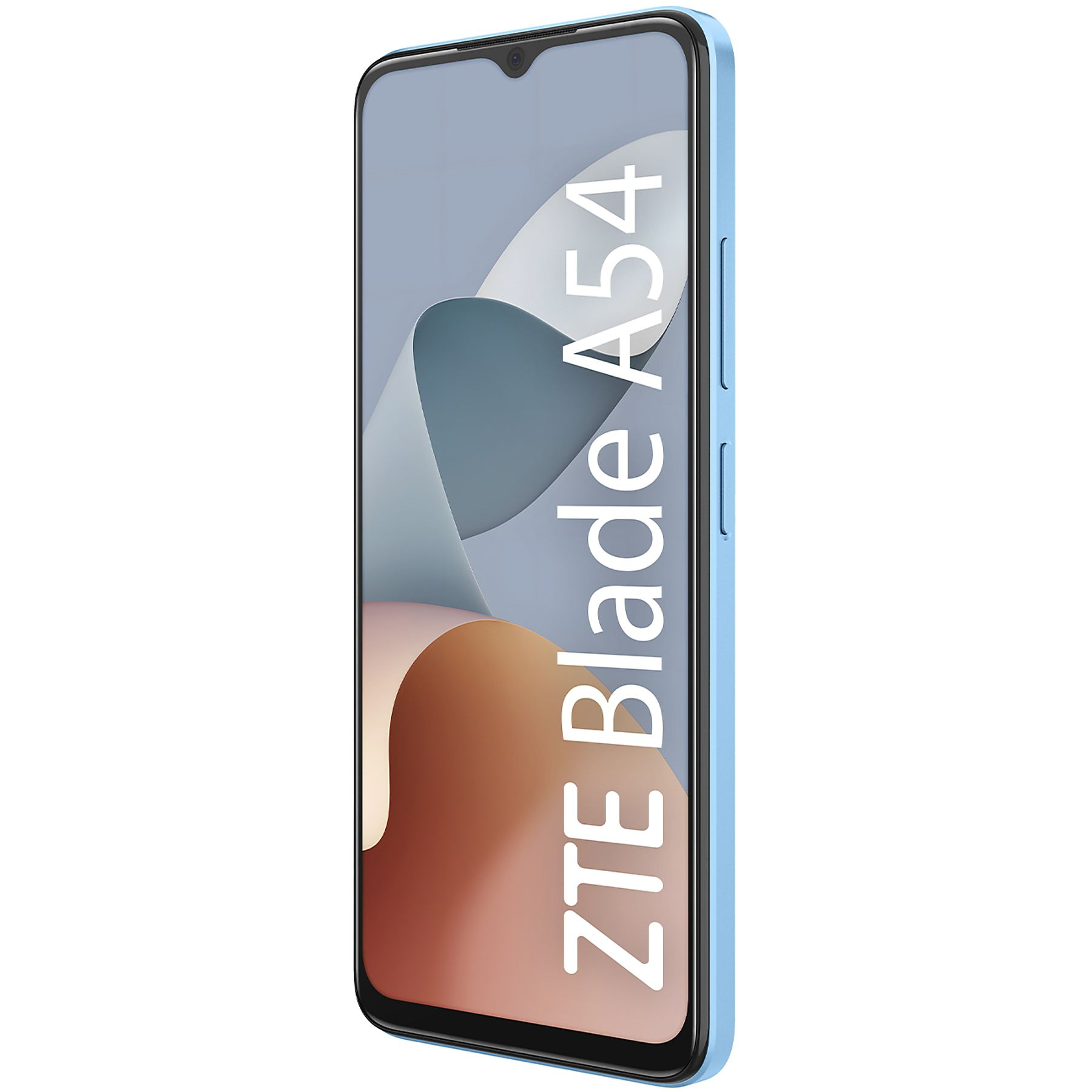 Uno smartphone ZTE Blade A54 azzurro, che mostra il nome del telefono, vista angolata.