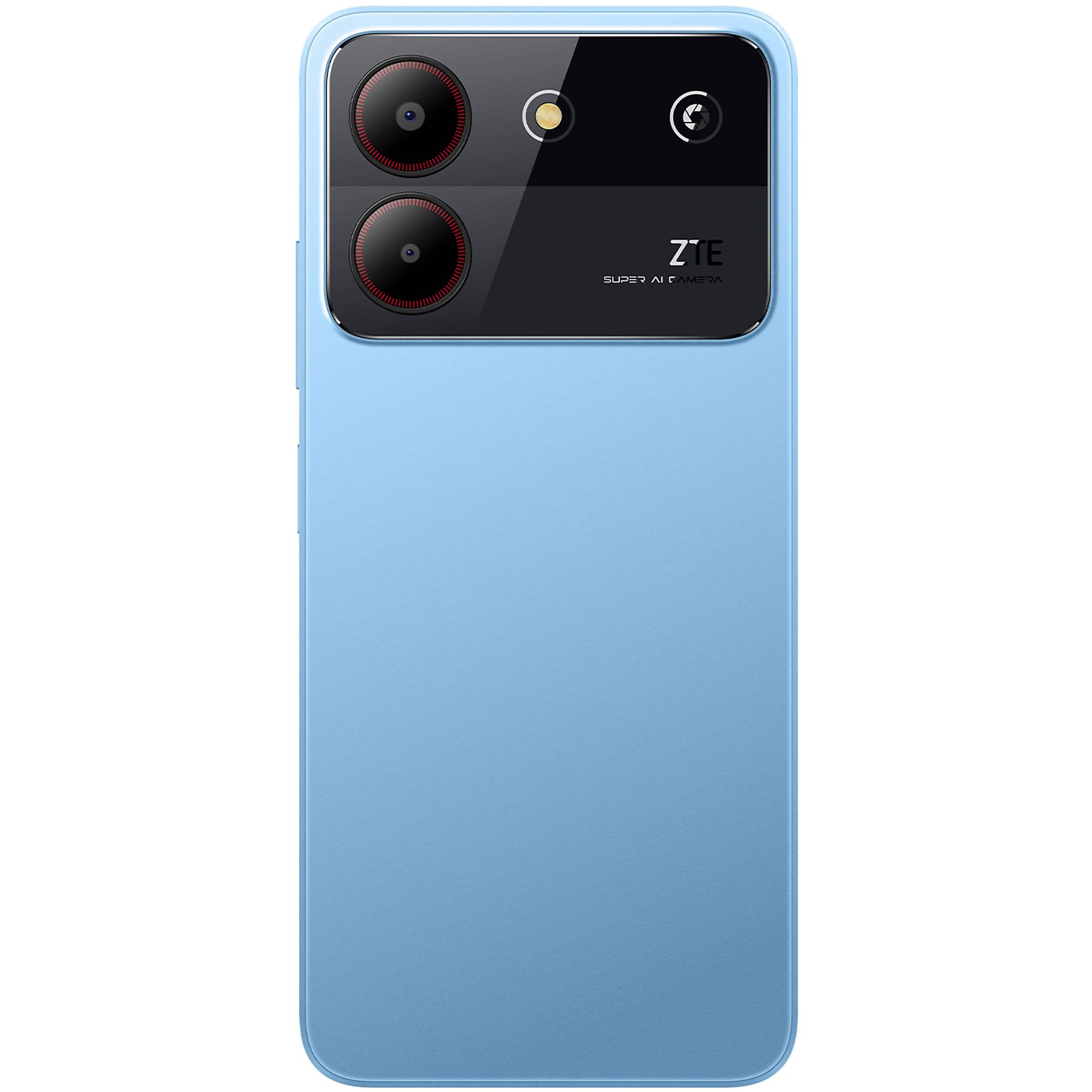 Telefono ZTE blu con tre fotocamere. La parte posteriore del telefono è visibile.