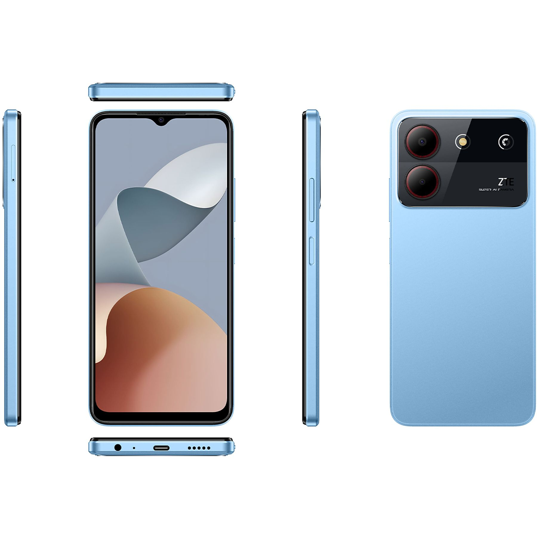 Smartphone blu con più viste. Ha uno schermo, una fotocamera e pulsanti. Sfondo bianco.