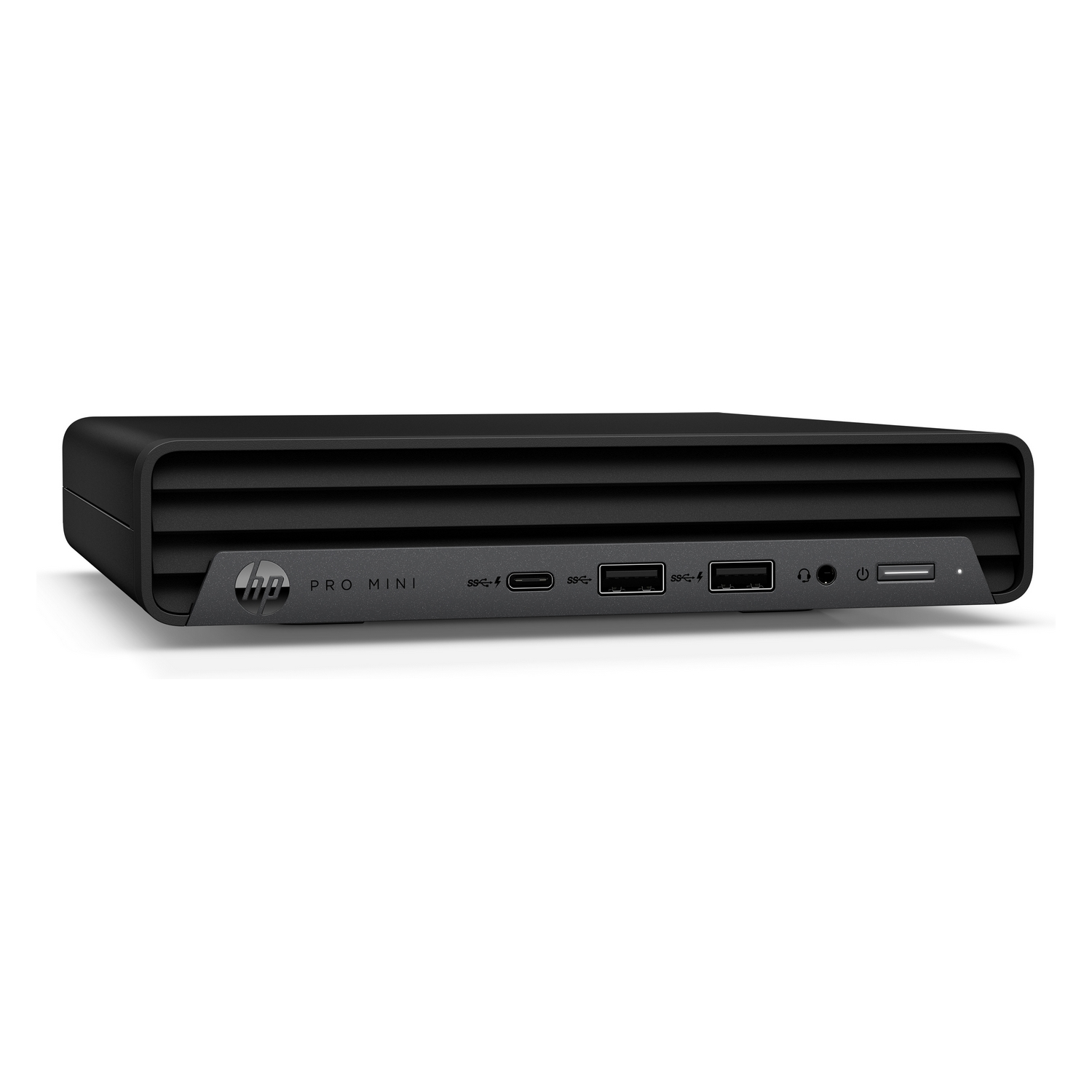 Un computer desktop HP Pro Mini nero visto da un'angolazione, con porte.