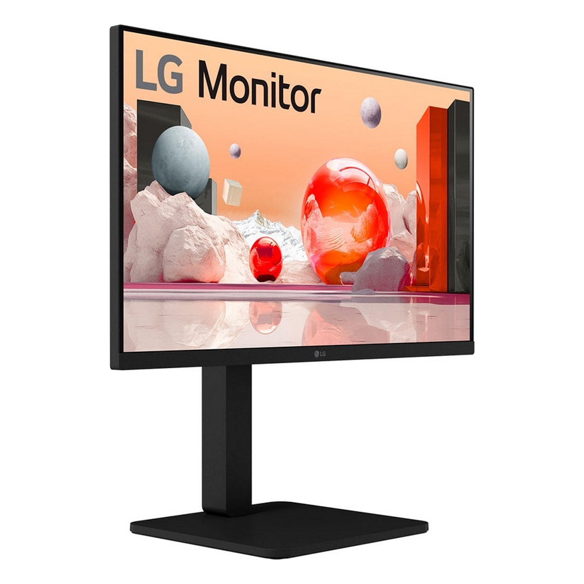 Monitor LG nero con schermo curvo e grafica colorata, supporto nero e sfondo bianco.
