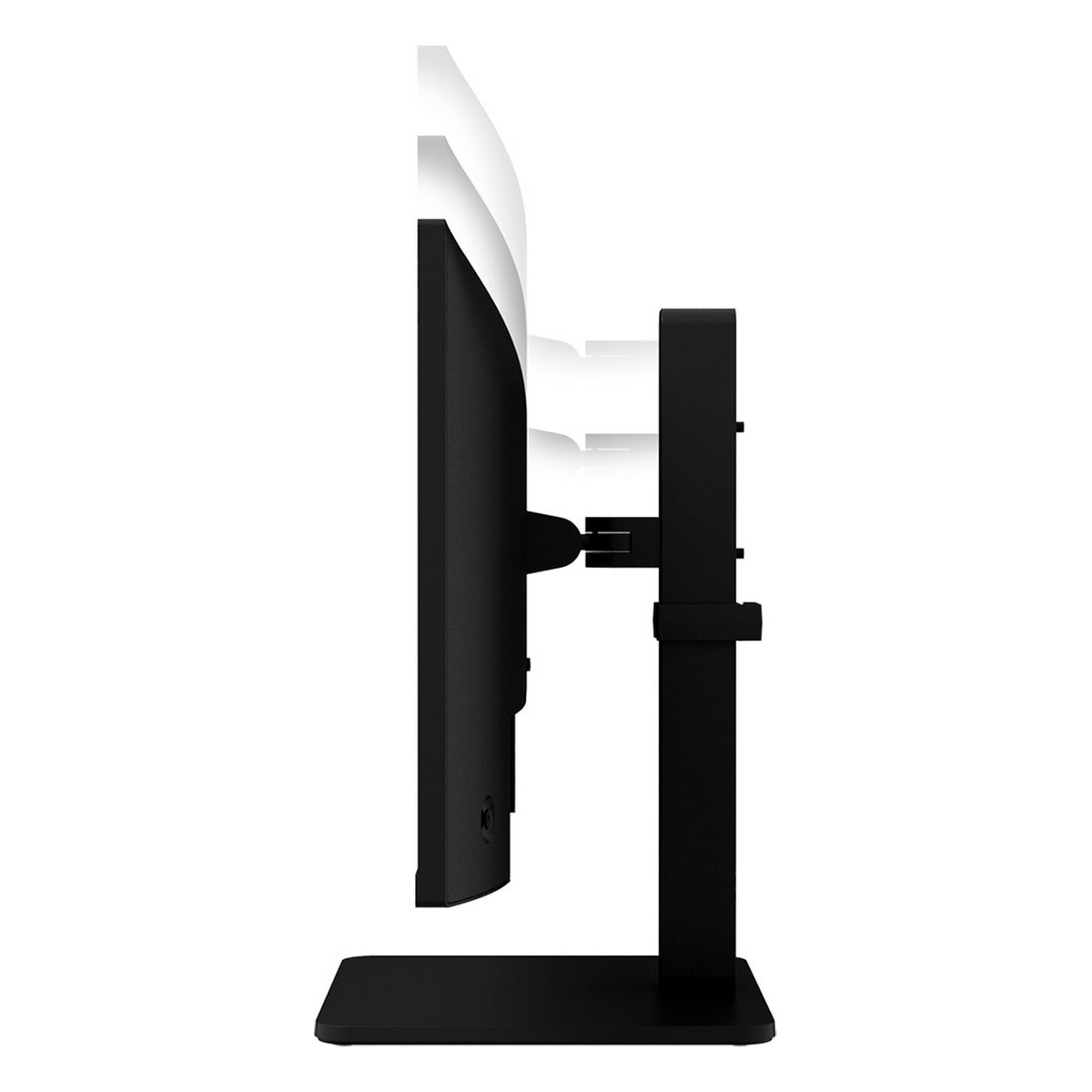 Vista laterale di un monitor per computer nero con supporto regolabile.
