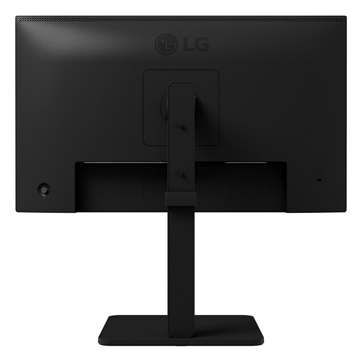 Retro di un monitor LG nero su un supporto.
