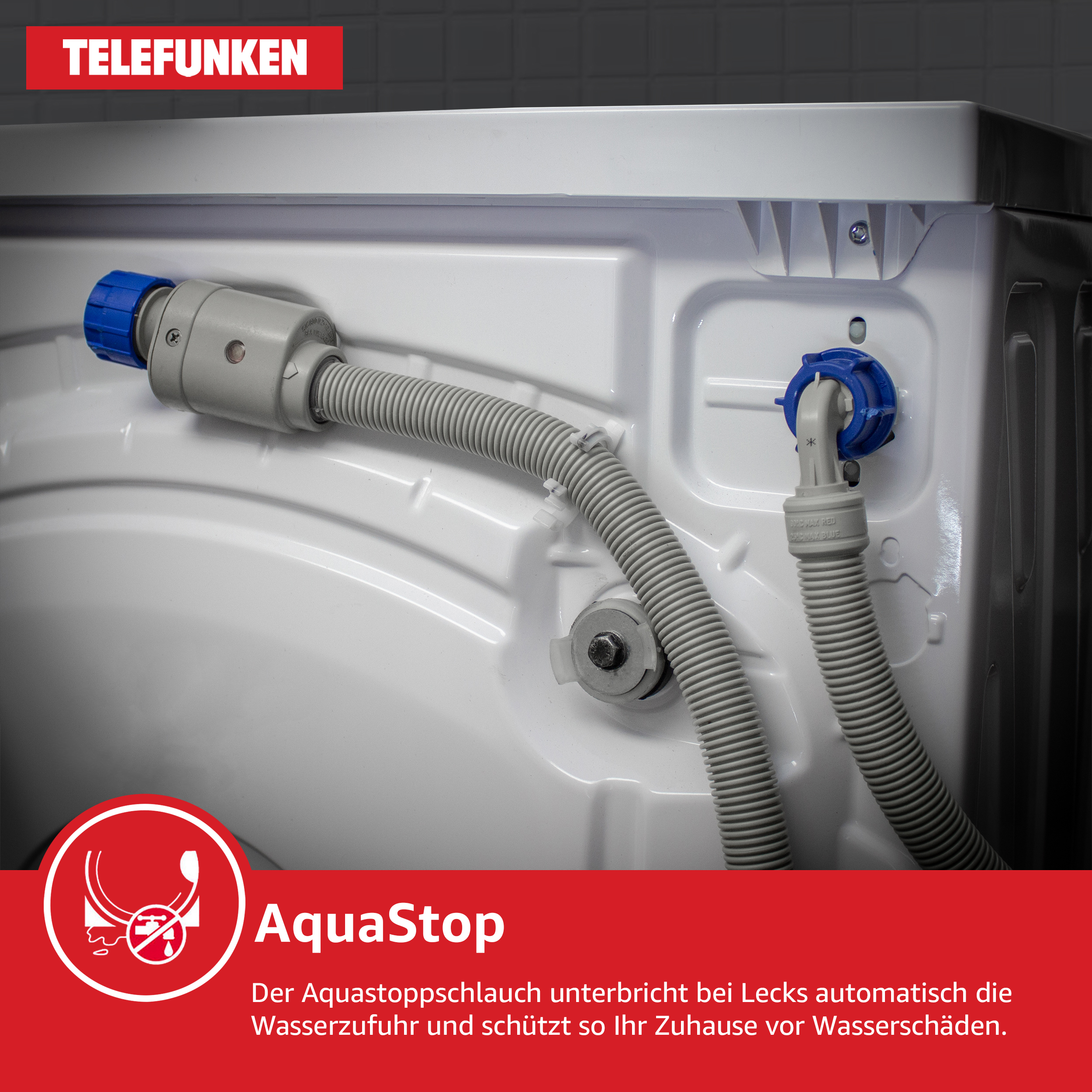 Nahaufnahme der Wasseranschlüsse einer Waschmaschine. Ein grauer Schlauch verbindet sich mit einem blau gekappten Einlass.