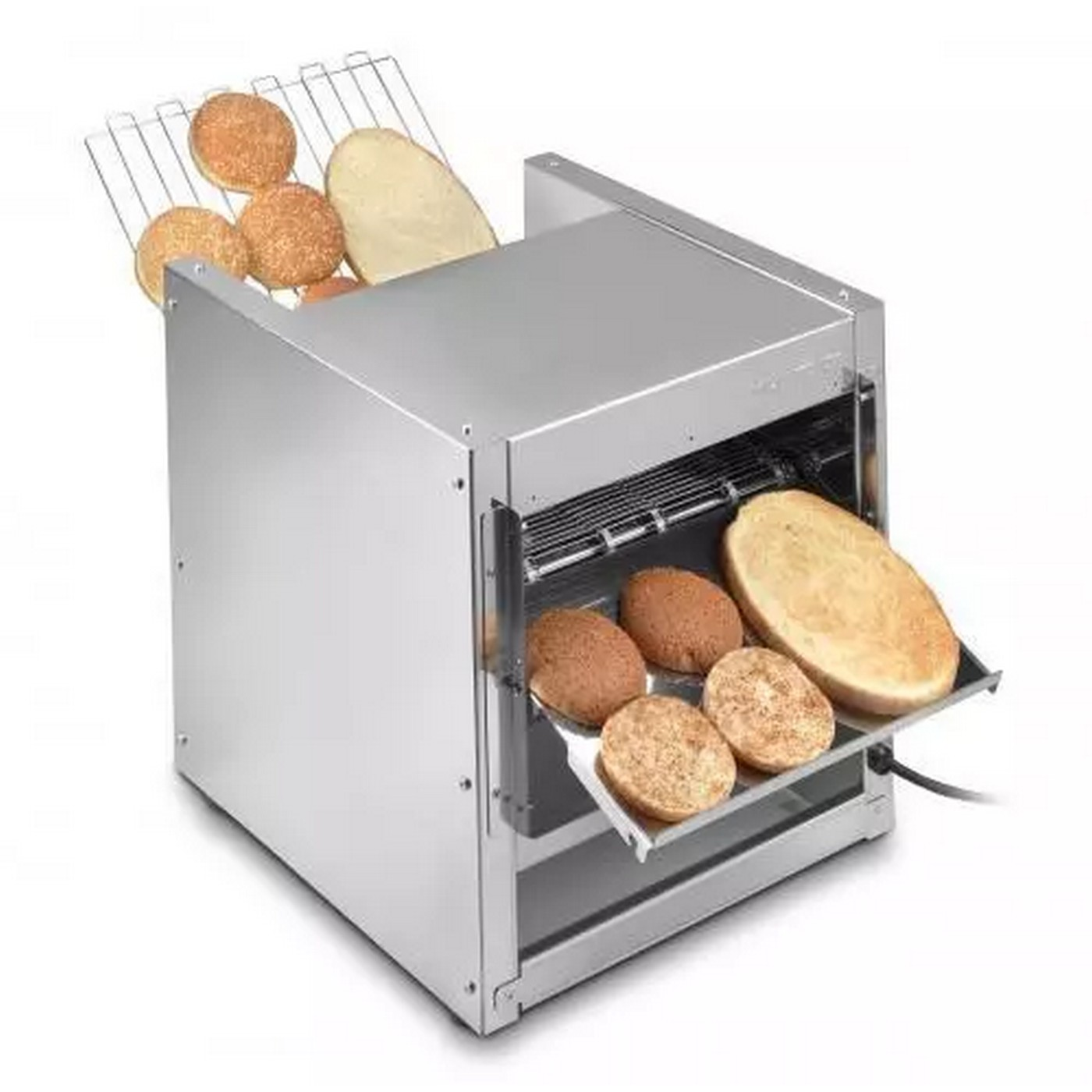 Un tostapane commerciale in acciaio inossidabile con pane sopra e sotto.
