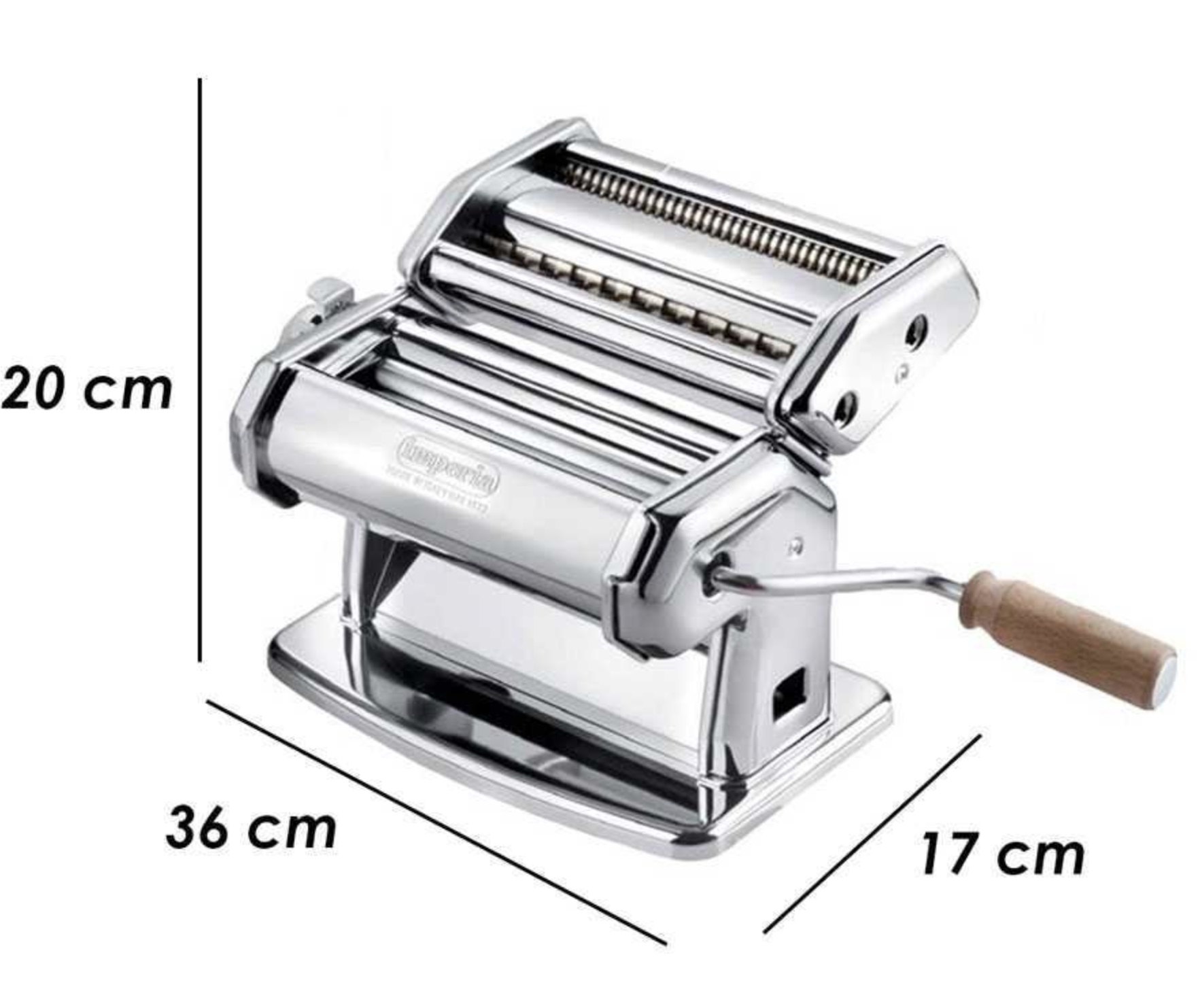 Una macchina per la pasta argentata con misure: 20cm x 36cm x 17cm.