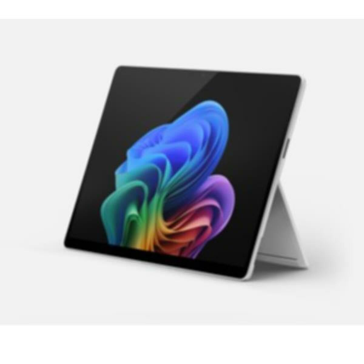 Tablet z kolorowym abstrakcyjnym wzorem na ekranie, oparty na białym tle.