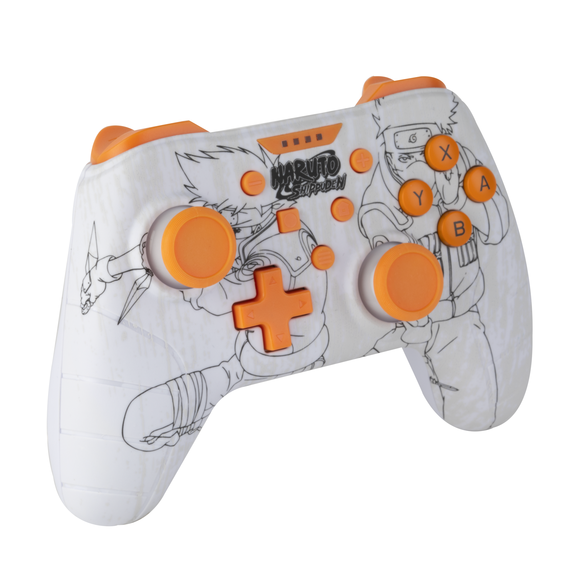 Biało-pomarańczowy kontroler do gier wideo z grafiką Naruto Shippuden i przyciskami na czarnym tle.