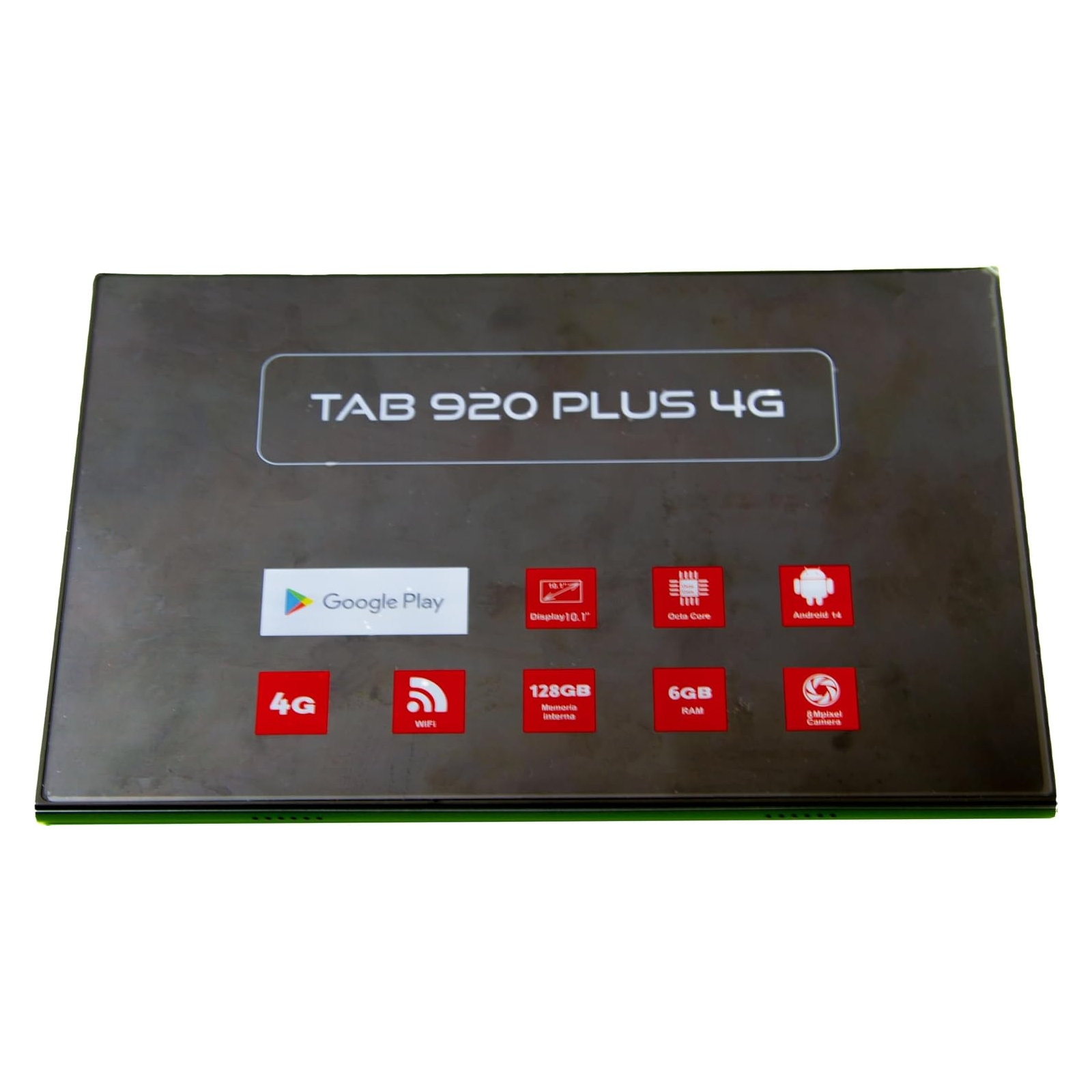 Tablet rettangolare con il testo "TAB 920 PLUS 4G". Icona di Google Play visibile, insieme alle specifiche.