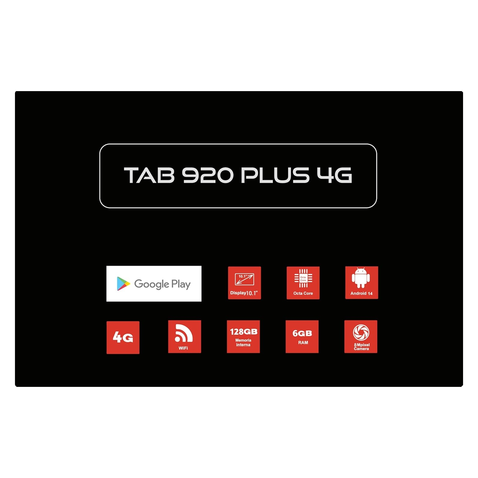 Un tablet con il testo "TAB 920 PLUS 4G". Mostra icone di Google Play, WiFi e altre funzioni.