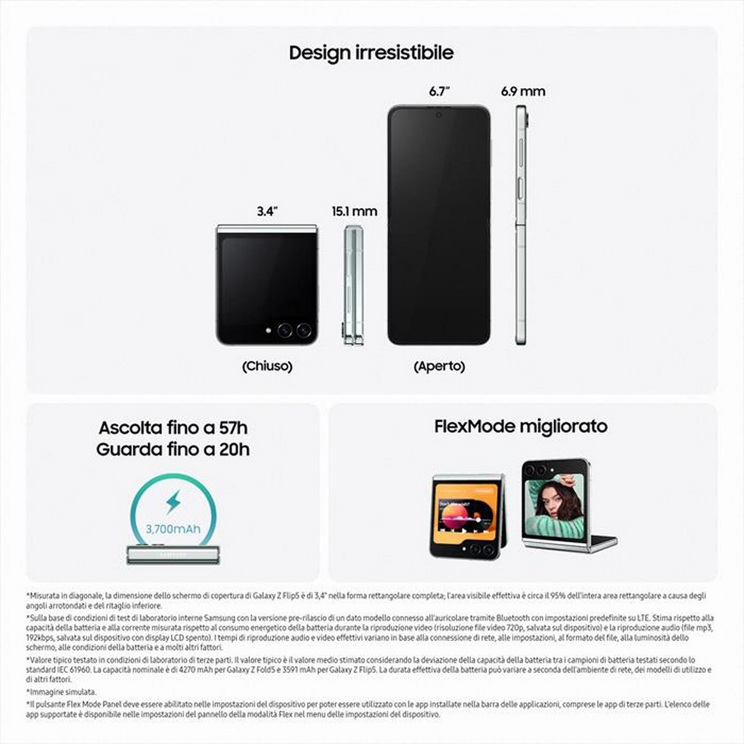 Broschüre mit Smartphone, Hervorhebung von Funktionen und Abmessungen.