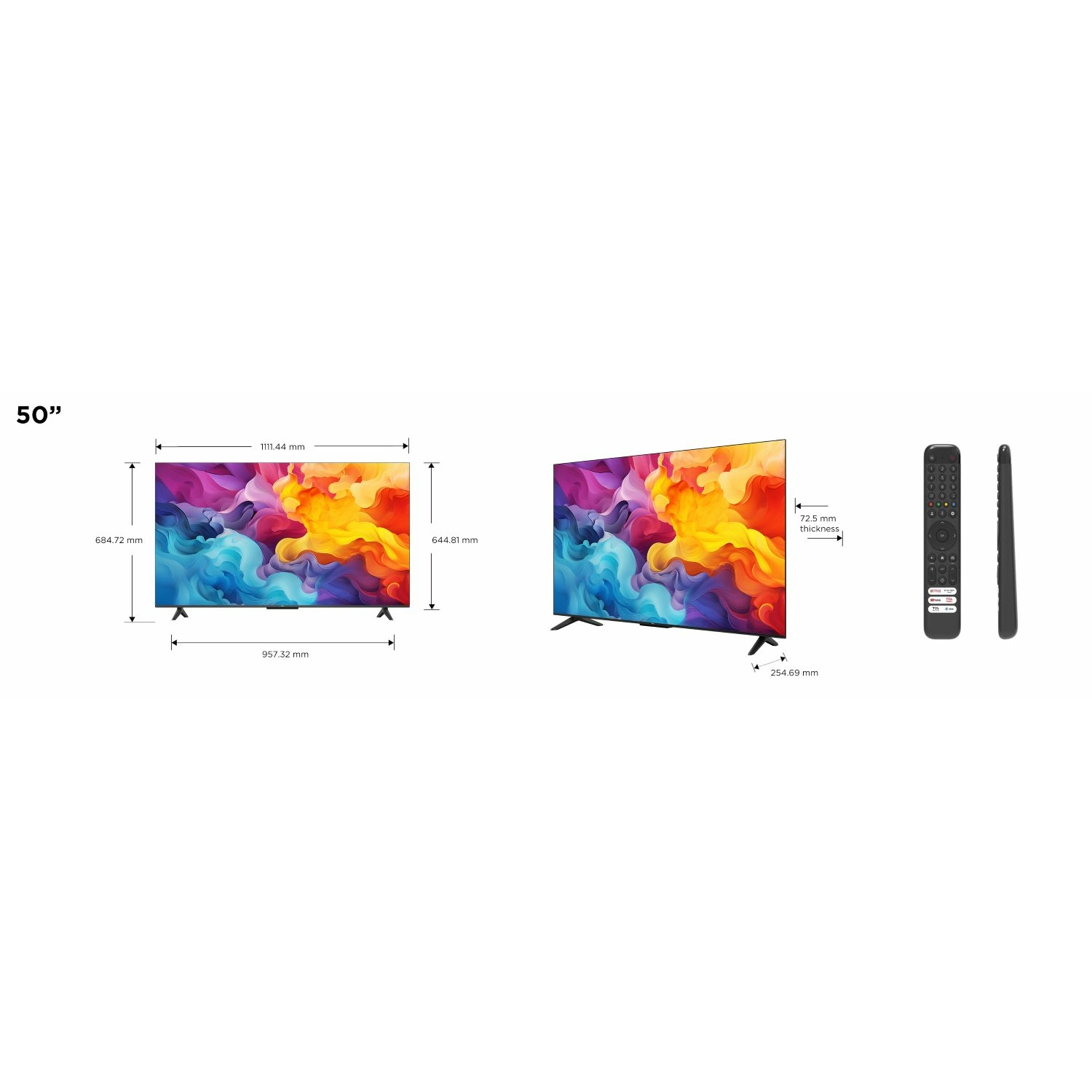 Una televisione da 50 pollici con telecomando. È nera con schermo colorato.