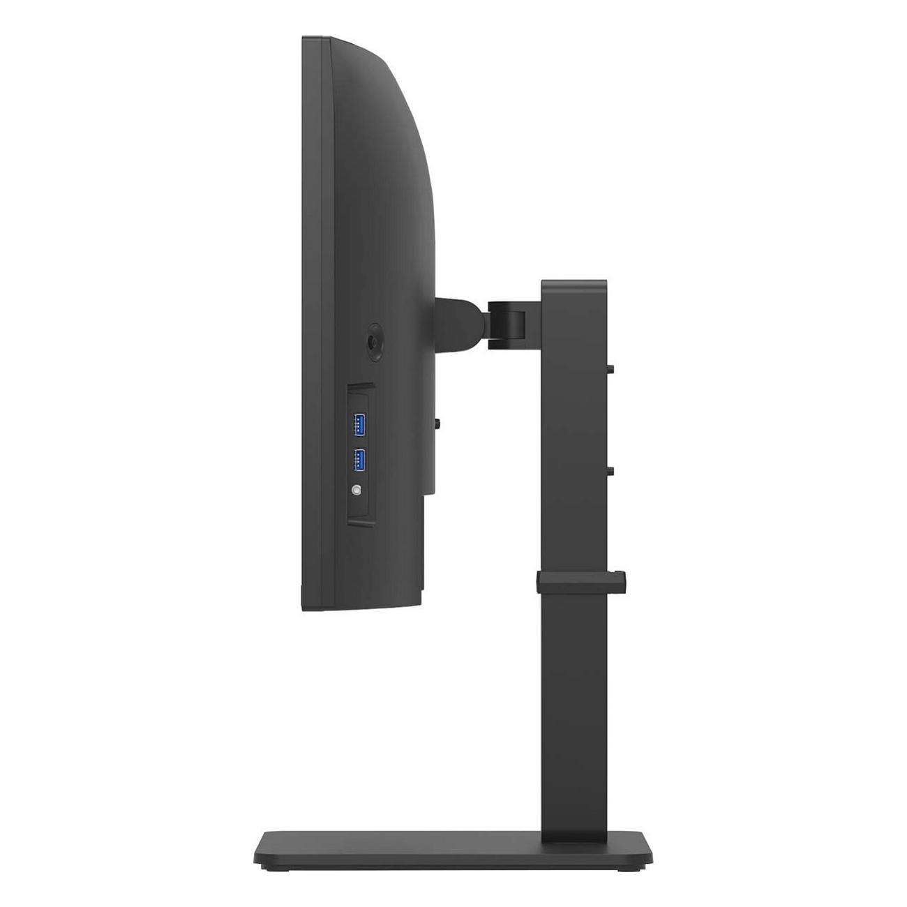 Czarny monitor komputera, widok z boku, ze stojakiem i różnymi portami.