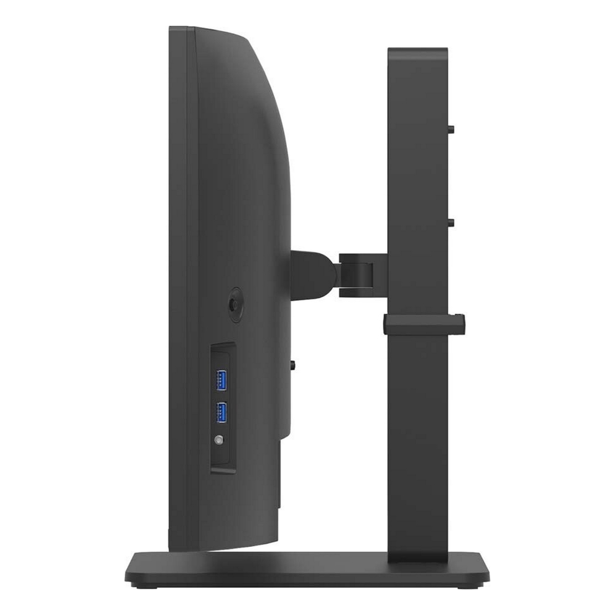 Widok z boku czarnego monitora komputera ze stojakiem. Porty są widoczne z boku.