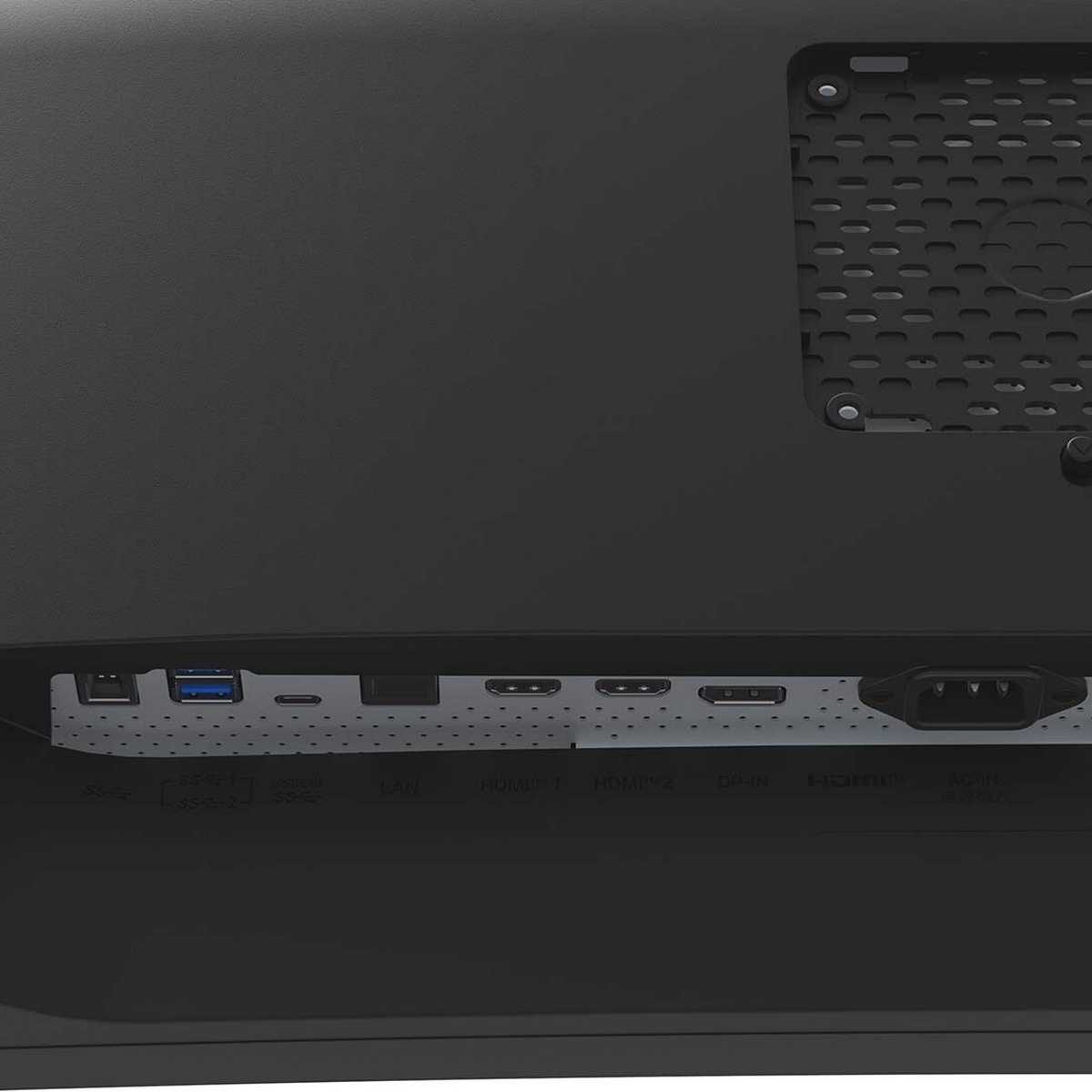 Czarny zakrzywiony monitor ze stojakiem. Logo LG widoczne na górze. Widok z tyłu.