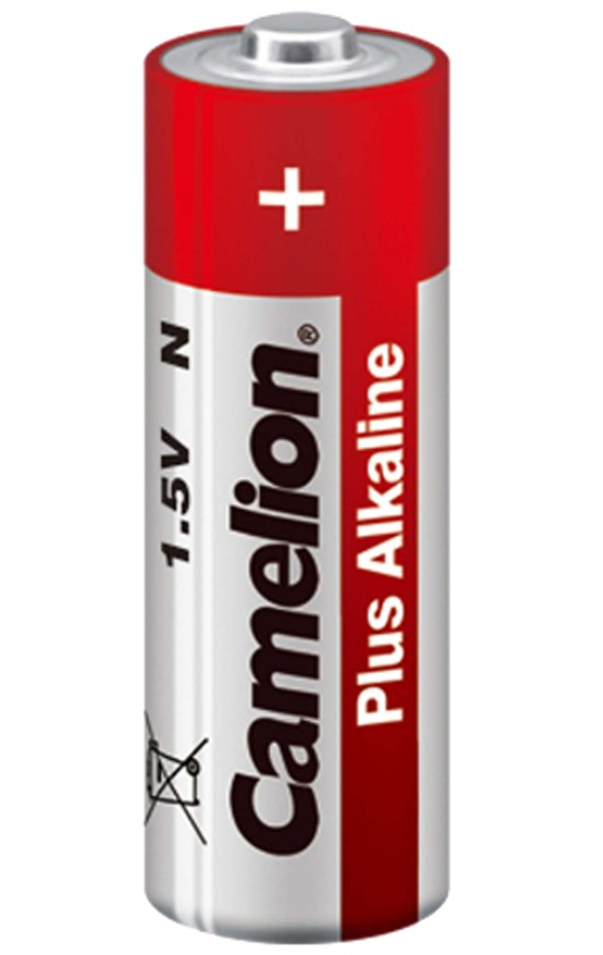 Una batteria AA da 1,5 V con parte superiore rossa, segno più bianco.