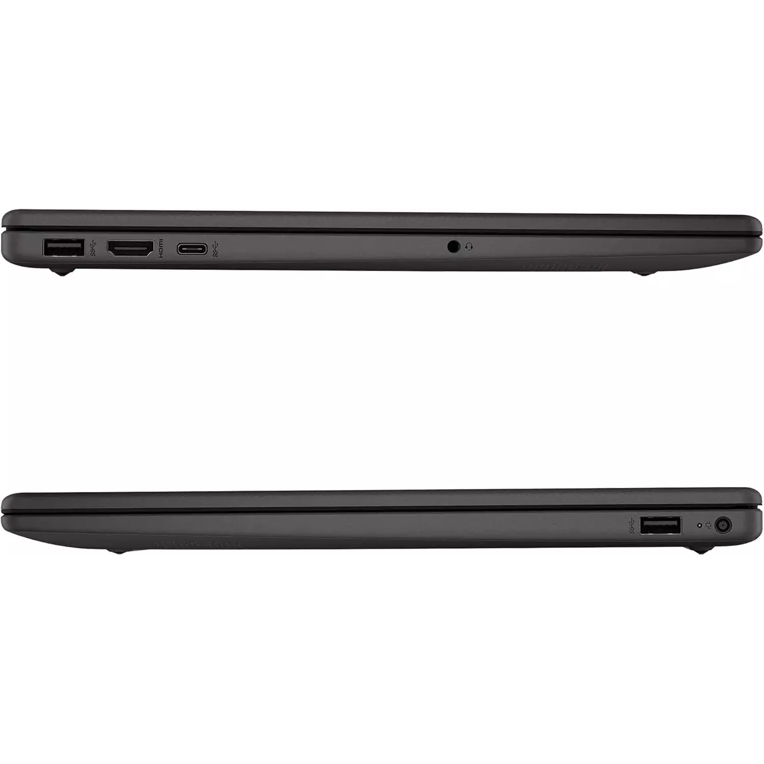 Zwei schwarze Laptops. Seitenansicht mit Anschlüssen und Lüftungsschlitzen.