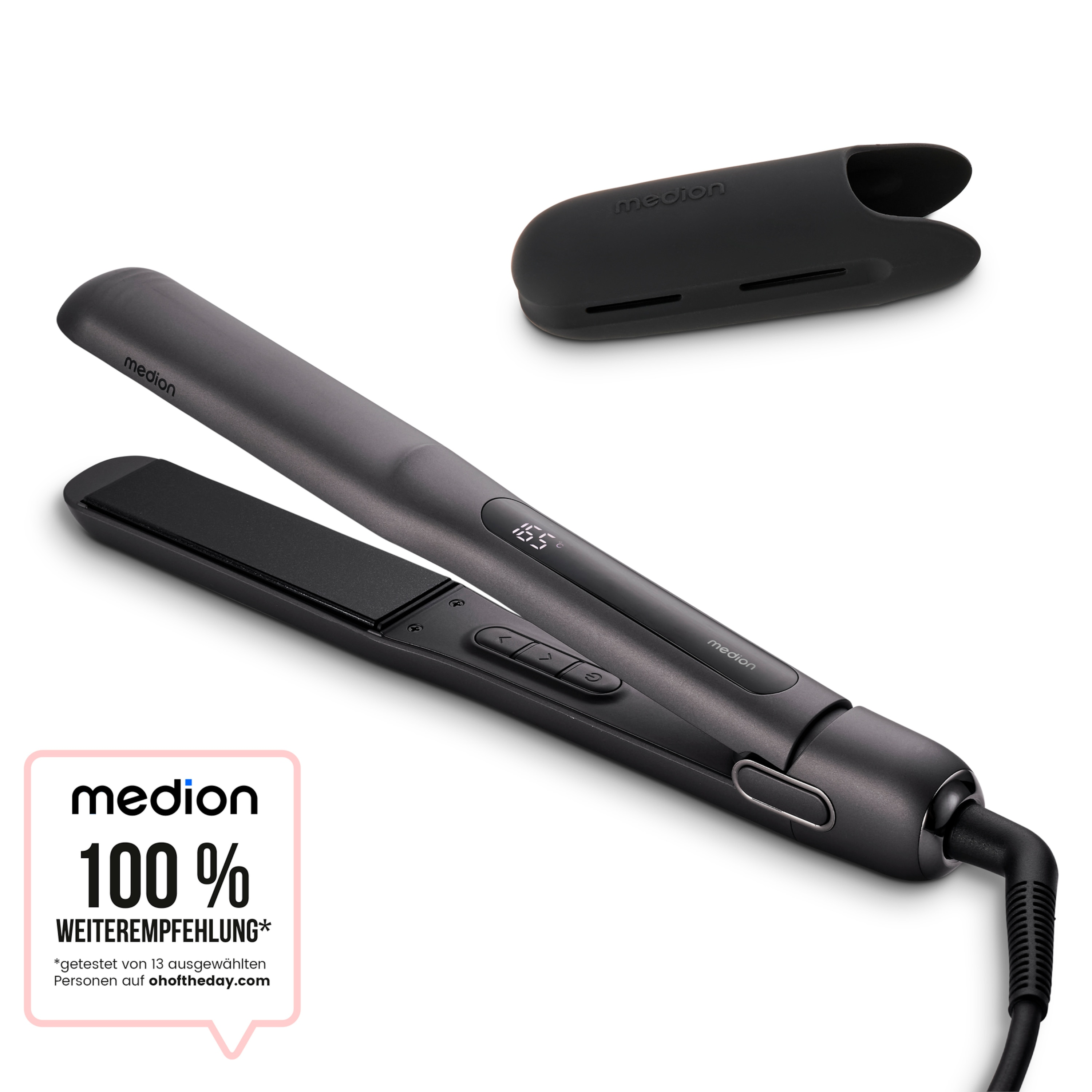 Czarna prostownica do włosów z cyfrowym wyświetlaczem i etui ochronnym. Białe tło.