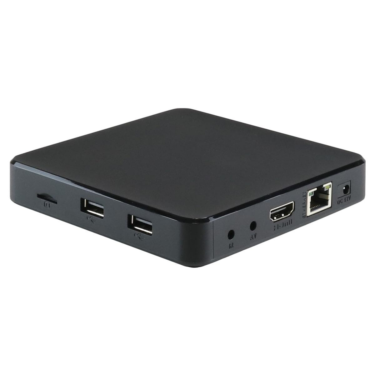 Ein schwarzes quadratisches Gerät mit Anschlüssen. Es hat HDMI-, USB- und andere Anschlüsse an den Seiten.