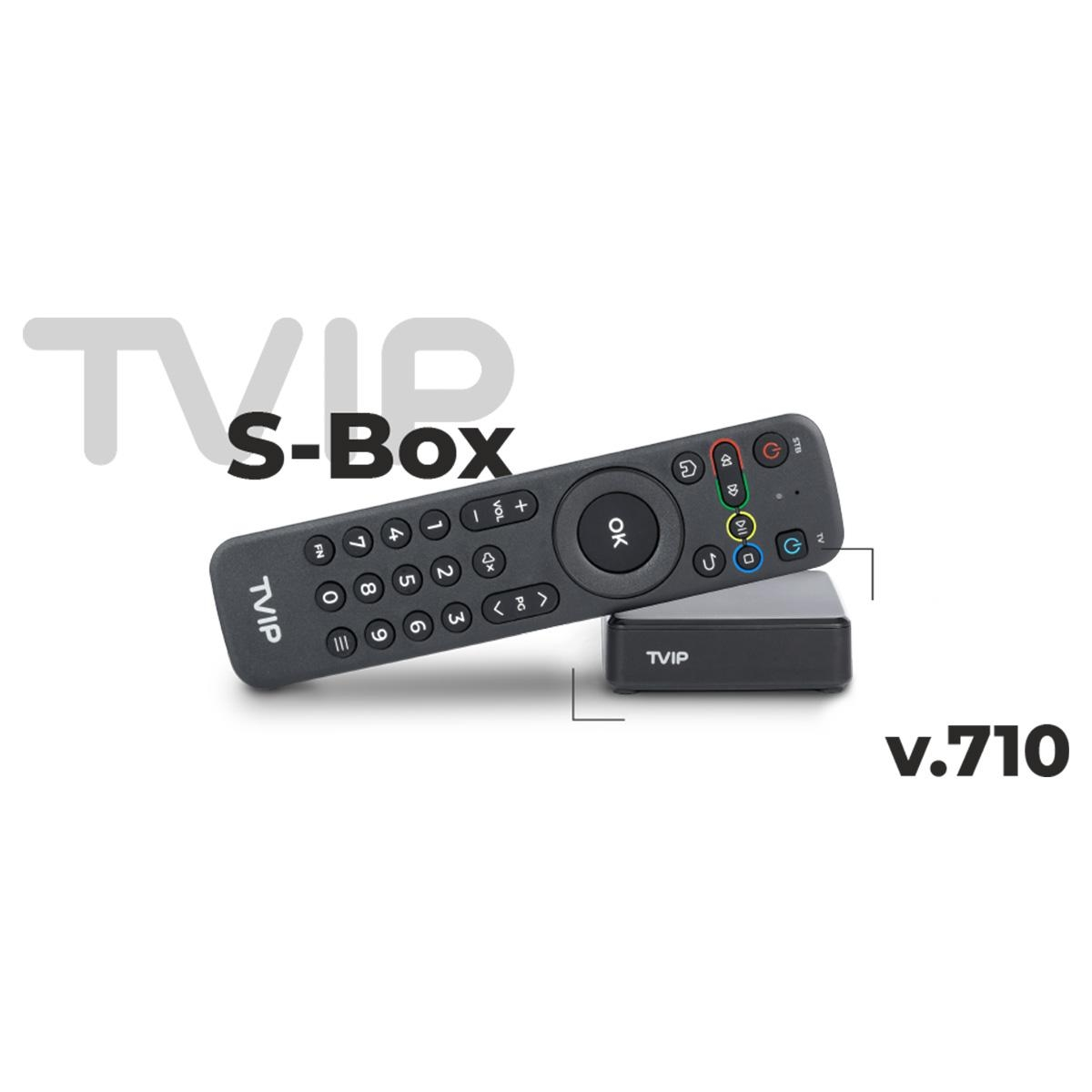 Eine schwarze TVIP S-Box und Fernbedienung auf weißem Hintergrund, mit dem Text 'v.710'.