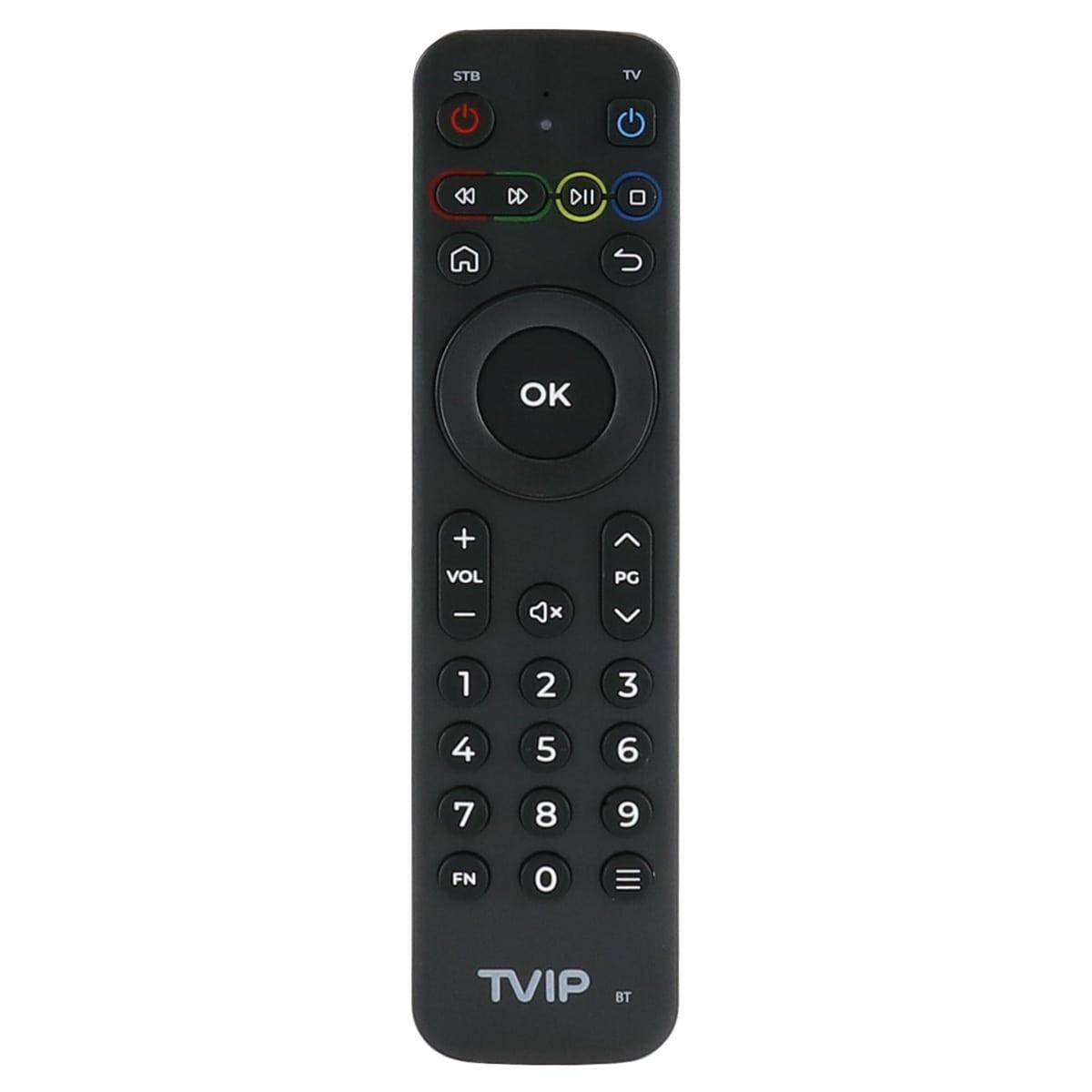 Schwarze TVIP-Fernbedienung. Tasten umfassen Strom, Lautstärke und Zahlen.