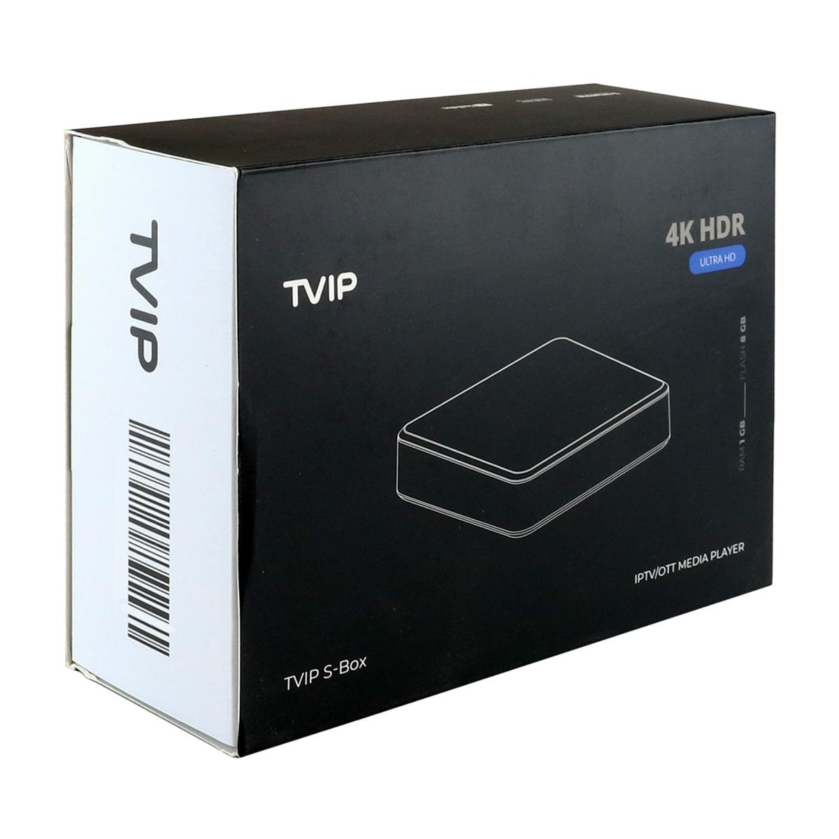 Schwarze TVIP S-Box, ein Mediaplayer, in einer Box mit 4K HDR und TVIP-Logo.
