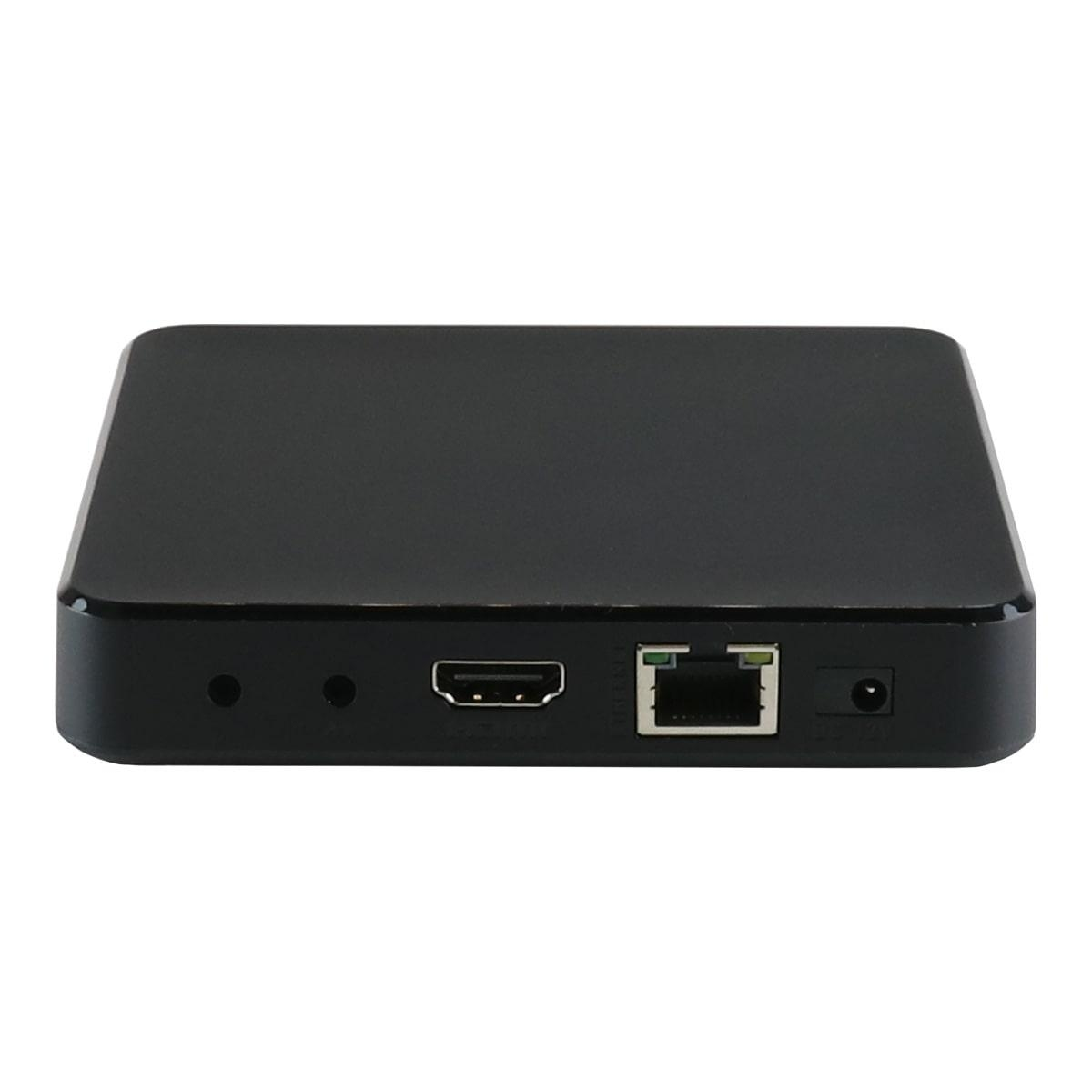Schwarzes quadratisches Gerät mit Anschlüssen. HDMI-, Ethernet- und Stromanschlüsse sind sichtbar.