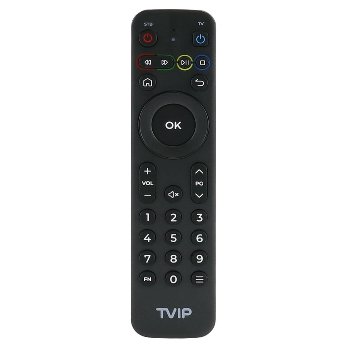 Schwarze TV-Fernbedienung mit mehreren Tasten, einschließlich Ein/Aus, Lautstärke und Kanal.
