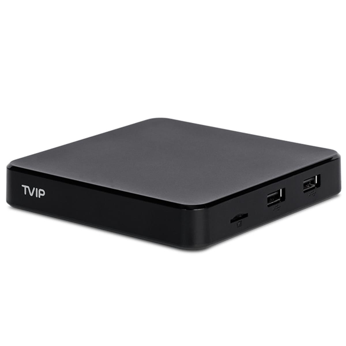Eine schwarze TVIP Set-Top-Box mit sichtbaren Anschlüssen und Markennamen.